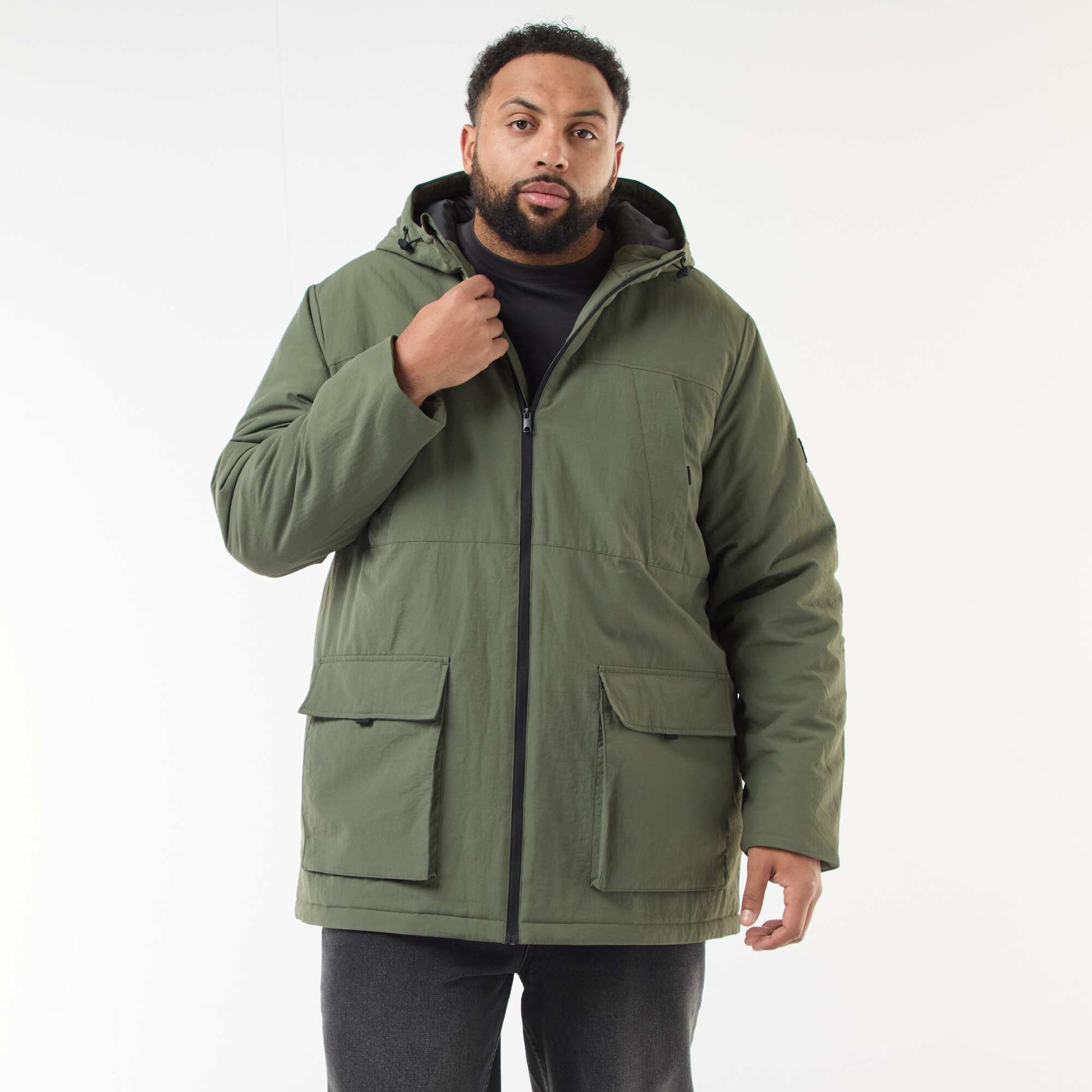 Hooded Parka with Double Entry Patch Pockets with Fleece Lining GREEN