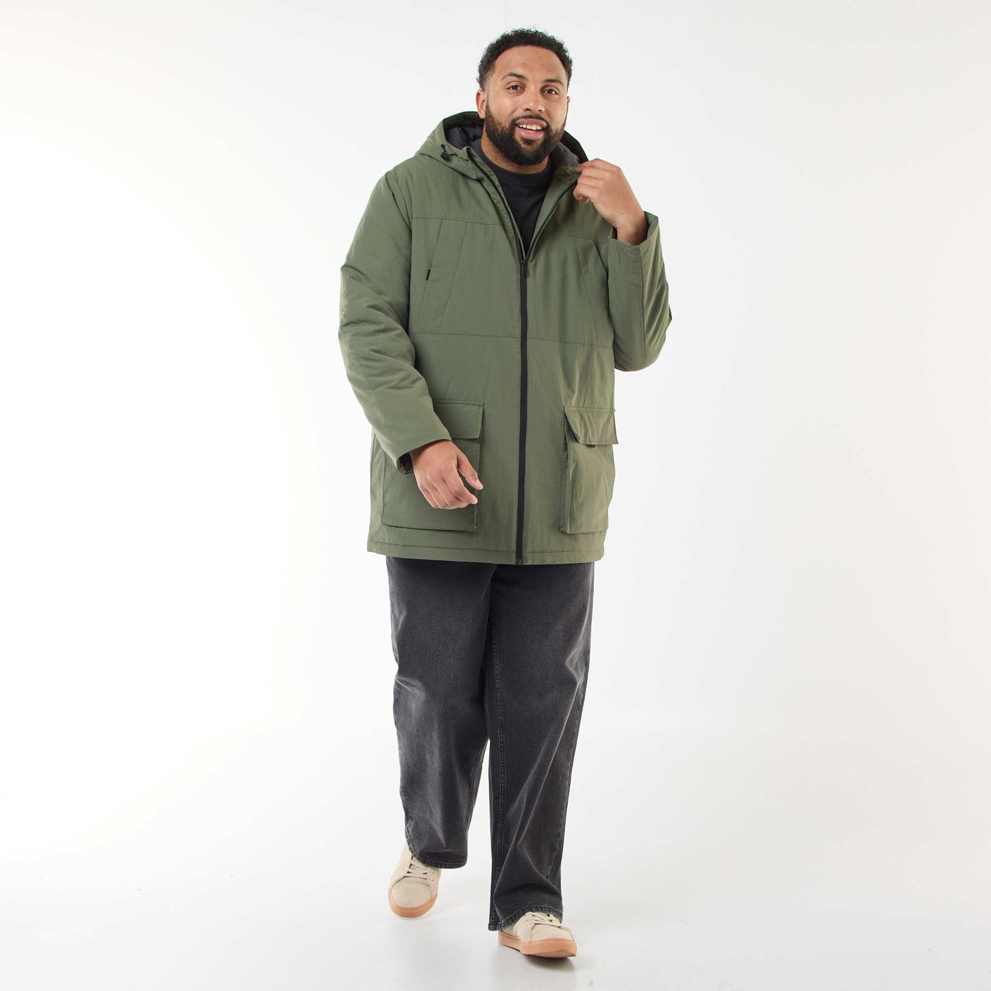 Hooded Parka with Double Entry Patch Pockets with Fleece Lining GREEN