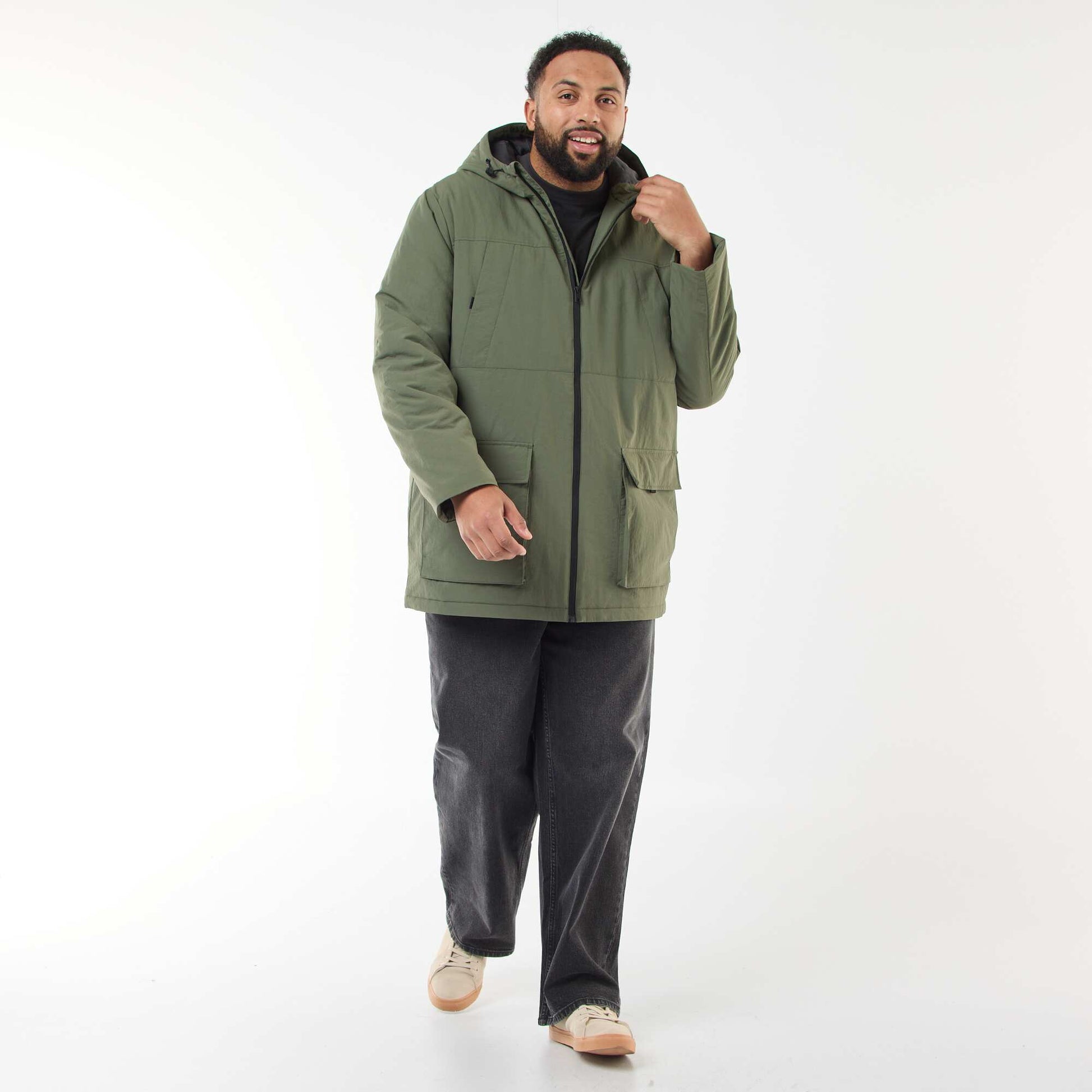 Hooded Parka with Double Entry Patch Pockets with Fleece Lining GREEN