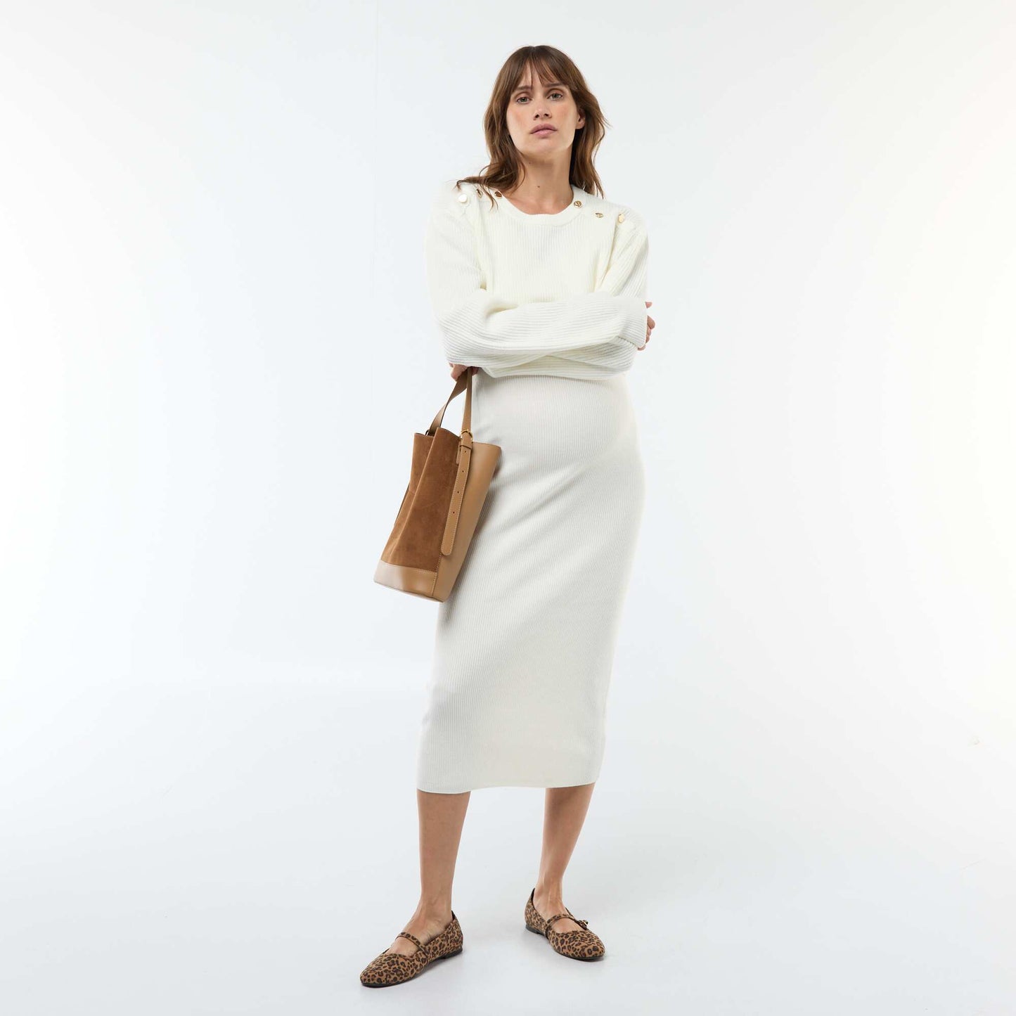 Ribbed Midi Dress + Cropped Maternity Sweater WHITE