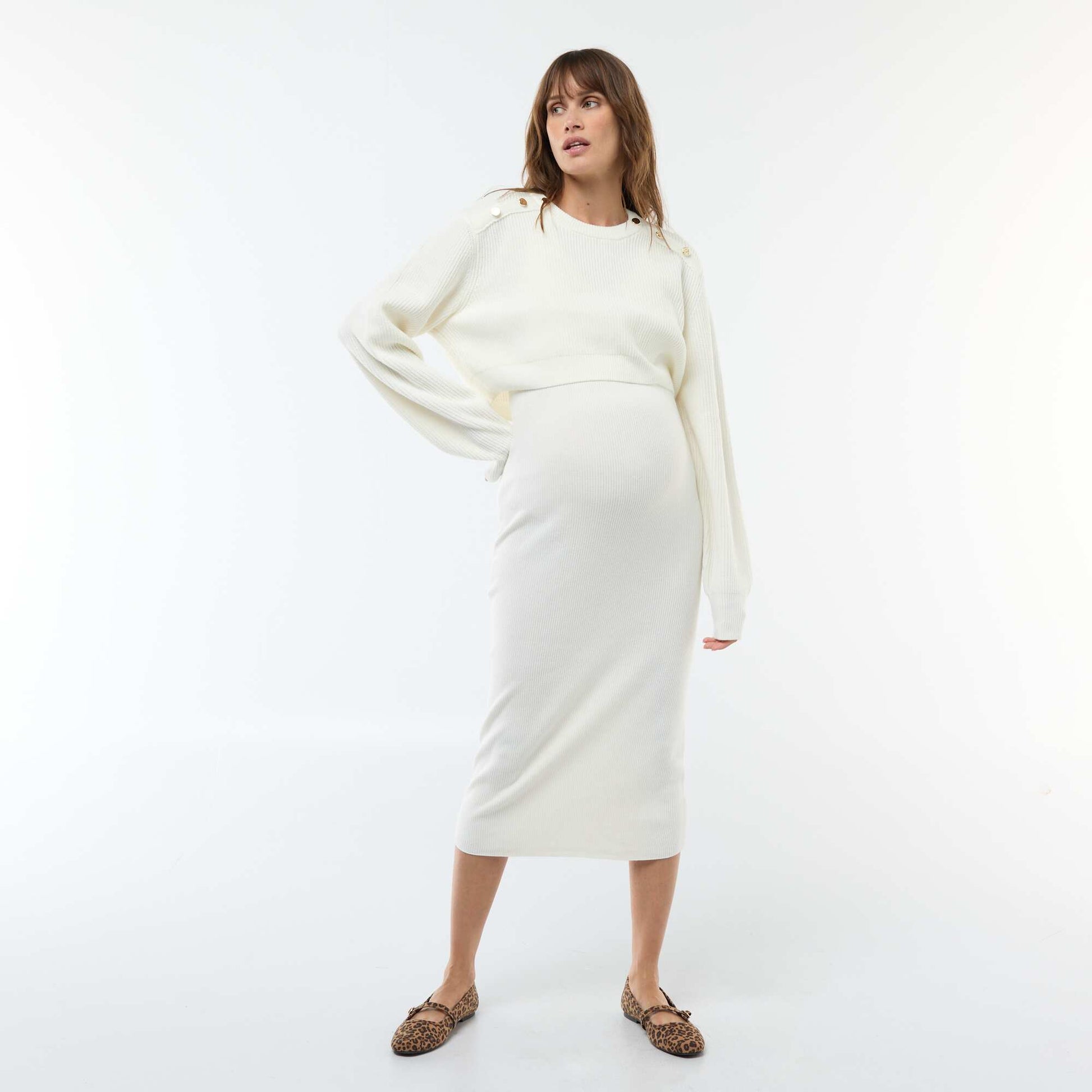 Ribbed Midi Dress + Cropped Maternity Sweater WHITE