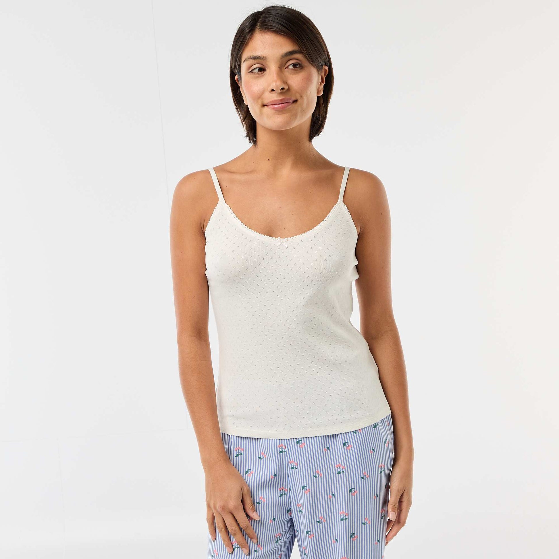 Solid Cotton Tank Top with Adjustable Spaghetti Straps WHITE