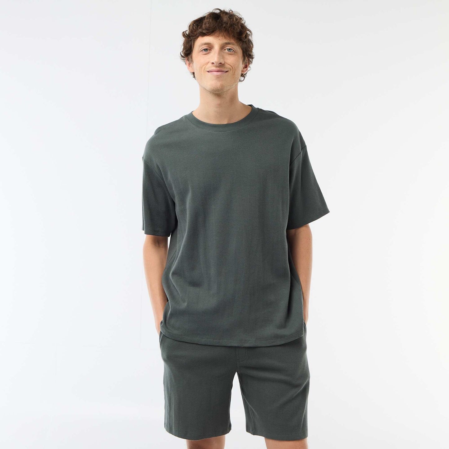Honeycomb Knit Short Pajama Set - 2 Piece KHAKI