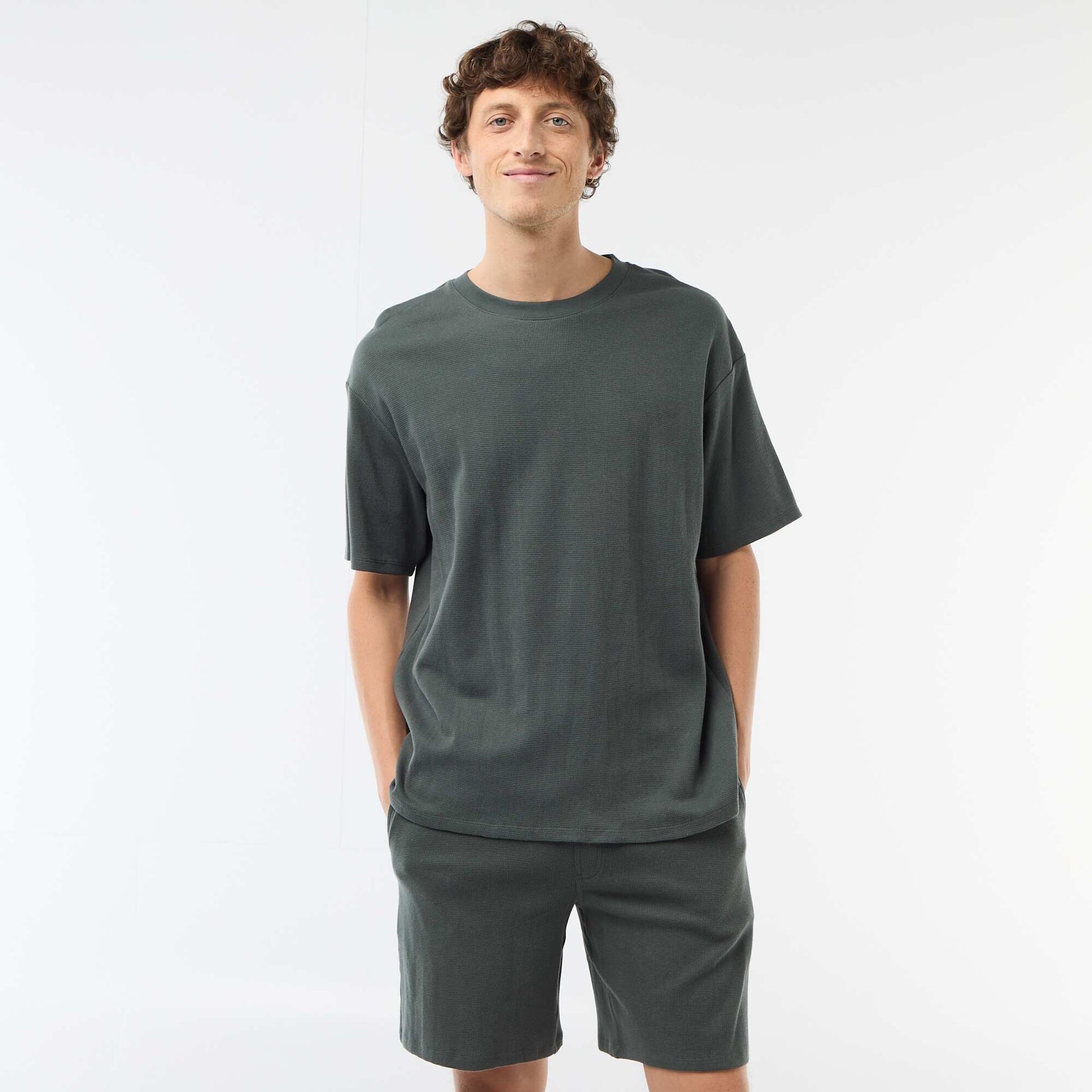 Honeycomb Knit Short Pajama Set - 2 Piece KHAKI