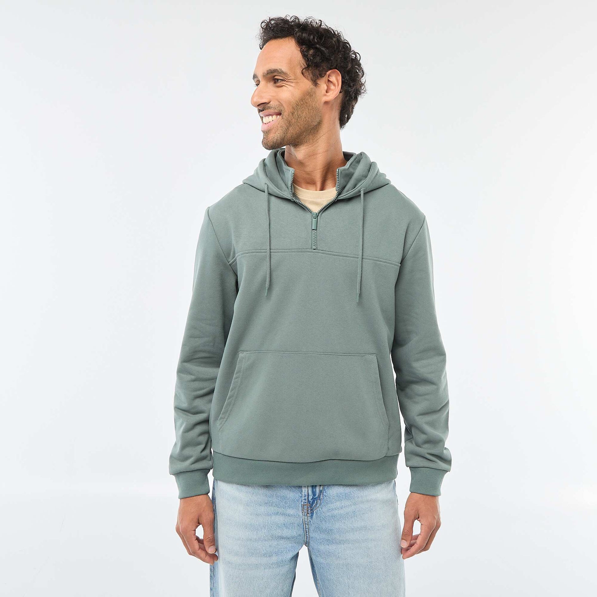 Fleece Hoodie with Zipped Neck Opening GREEN