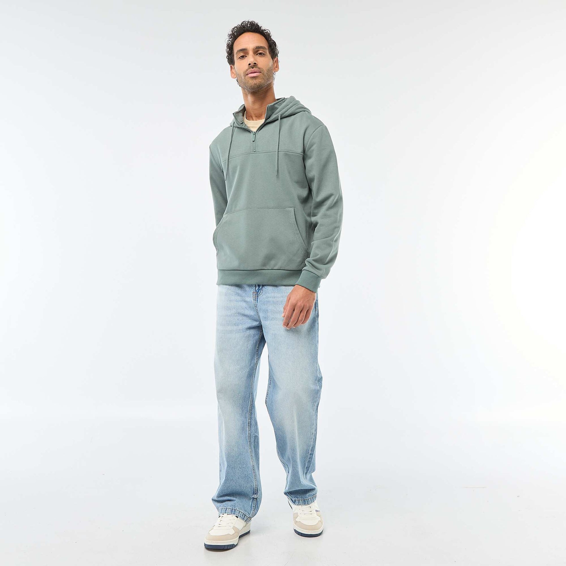 Fleece Hoodie with Zipped Neck Opening GREEN