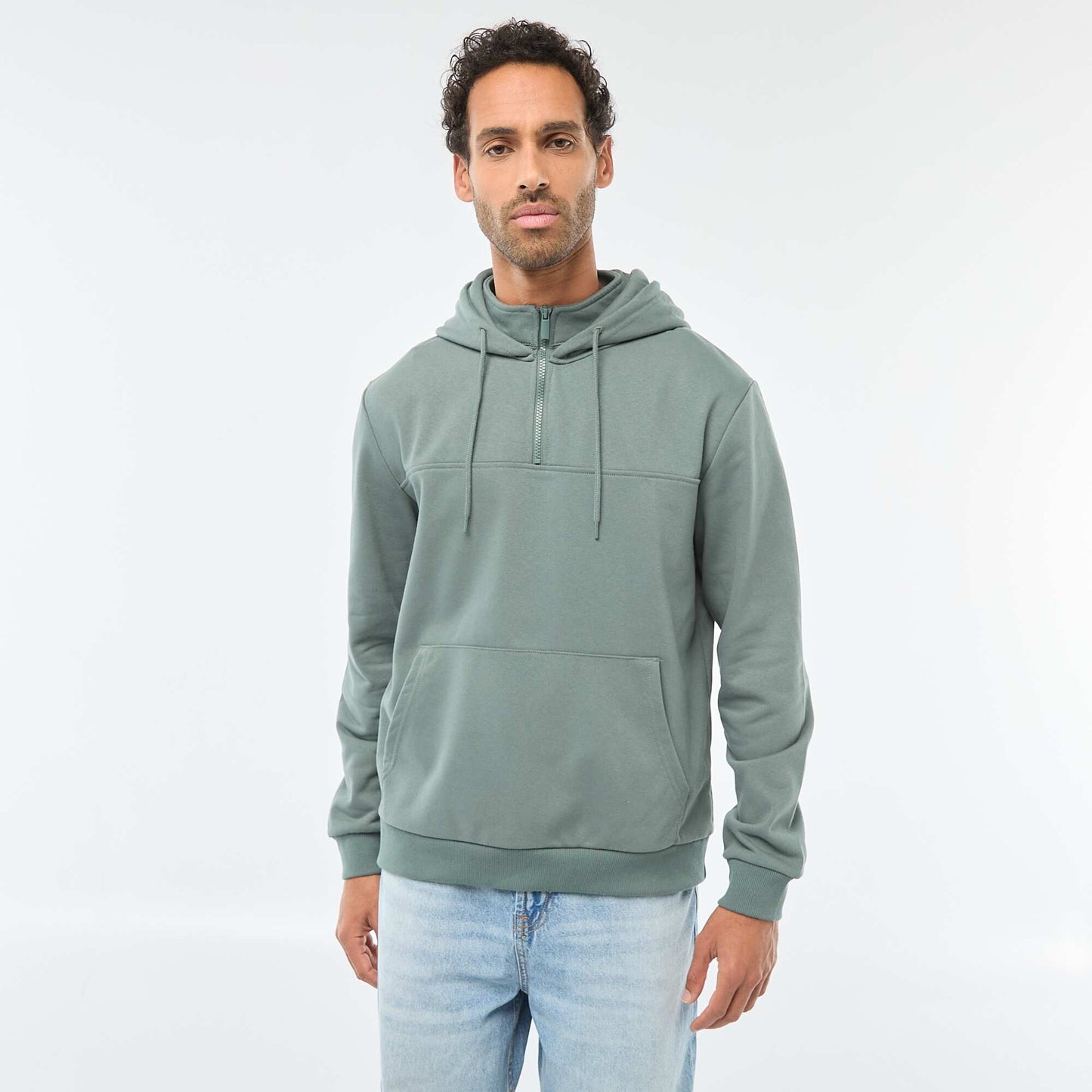 Fleece Hoodie with Zipped Neck Opening GREEN