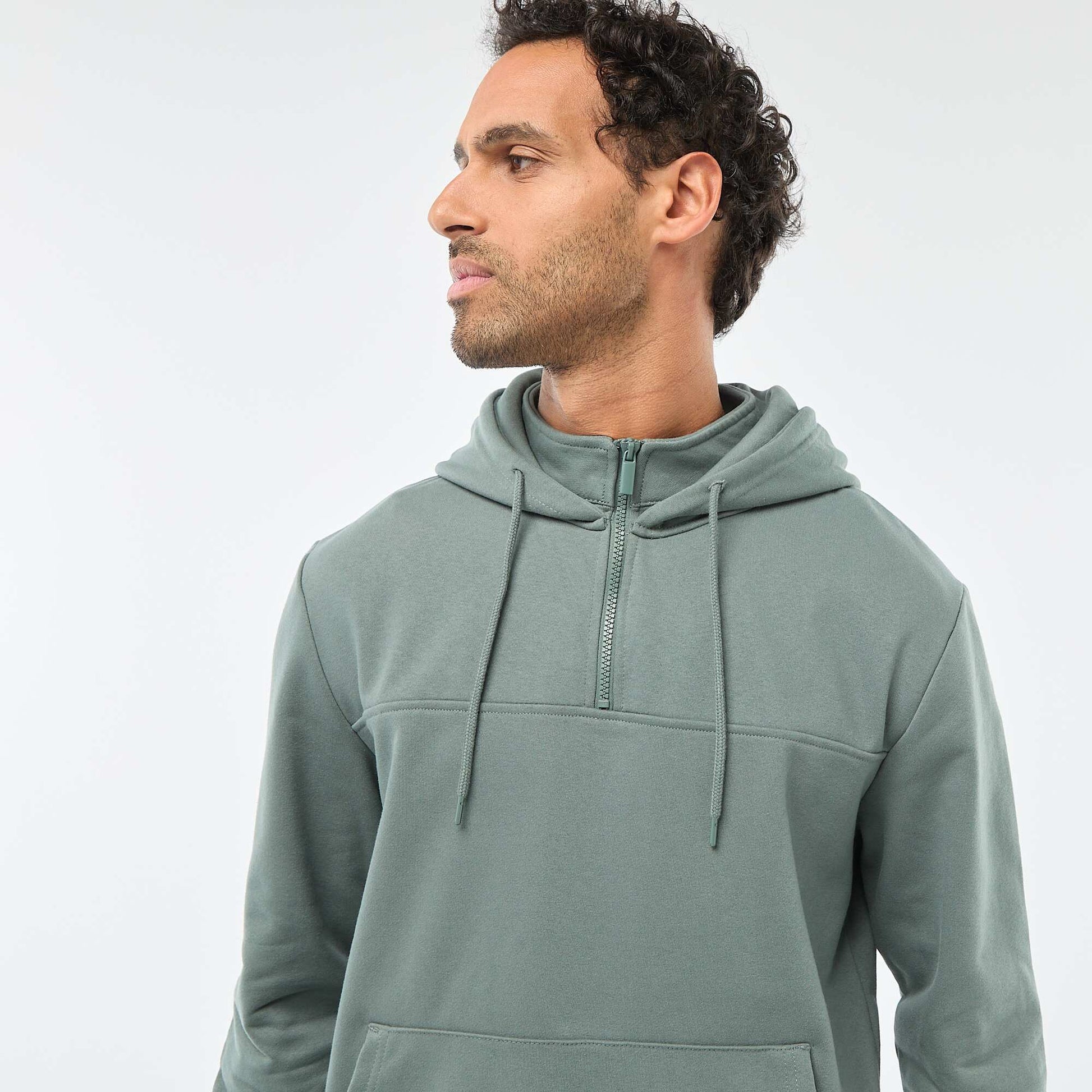 Fleece Hoodie with Zipped Neck Opening GREEN