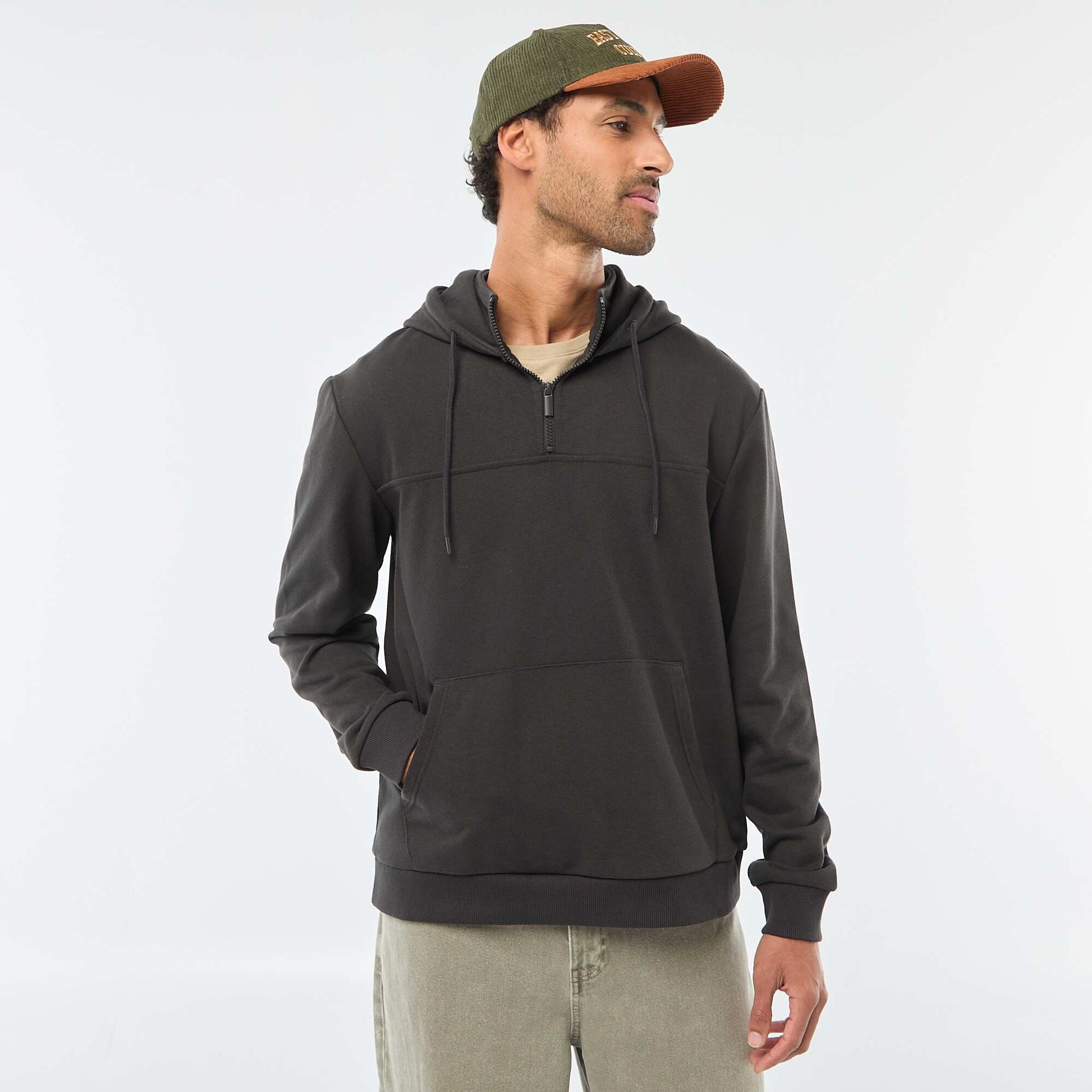 Fleece Hoodie with Zipped Neck Opening GREY