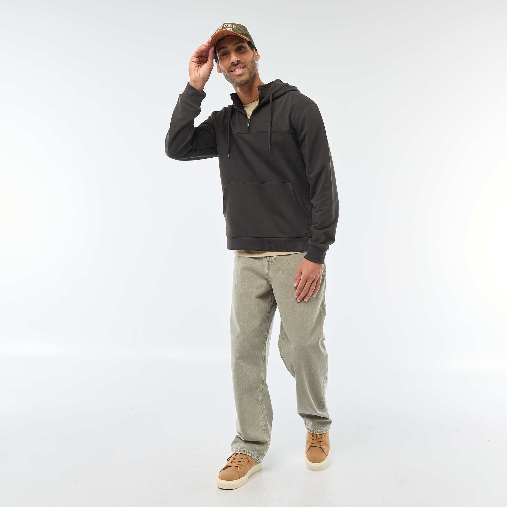 Fleece Hoodie with Zipped Neck Opening GREY