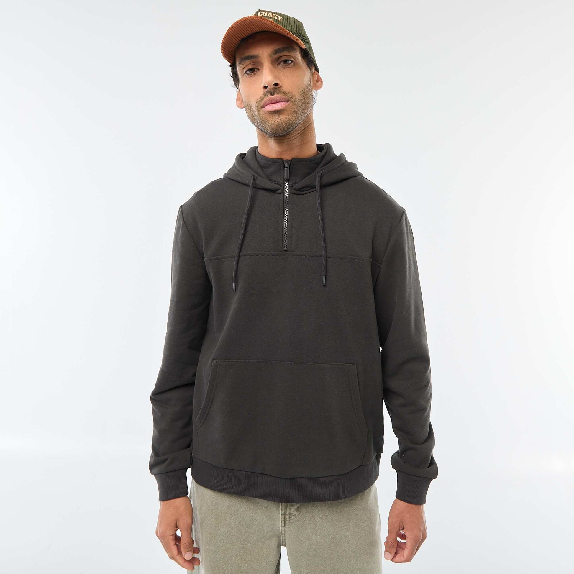 Fleece Hoodie with Zipped Neck Opening GREY