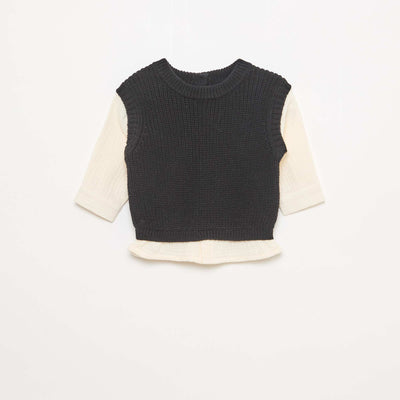 2-in-1 Knit and Double Gauze Cotton Sweater BLACK