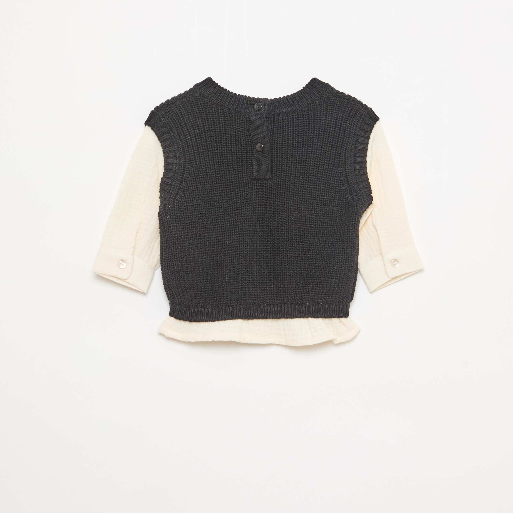 2-in-1 Knit and Double Gauze Cotton Sweater BLACK