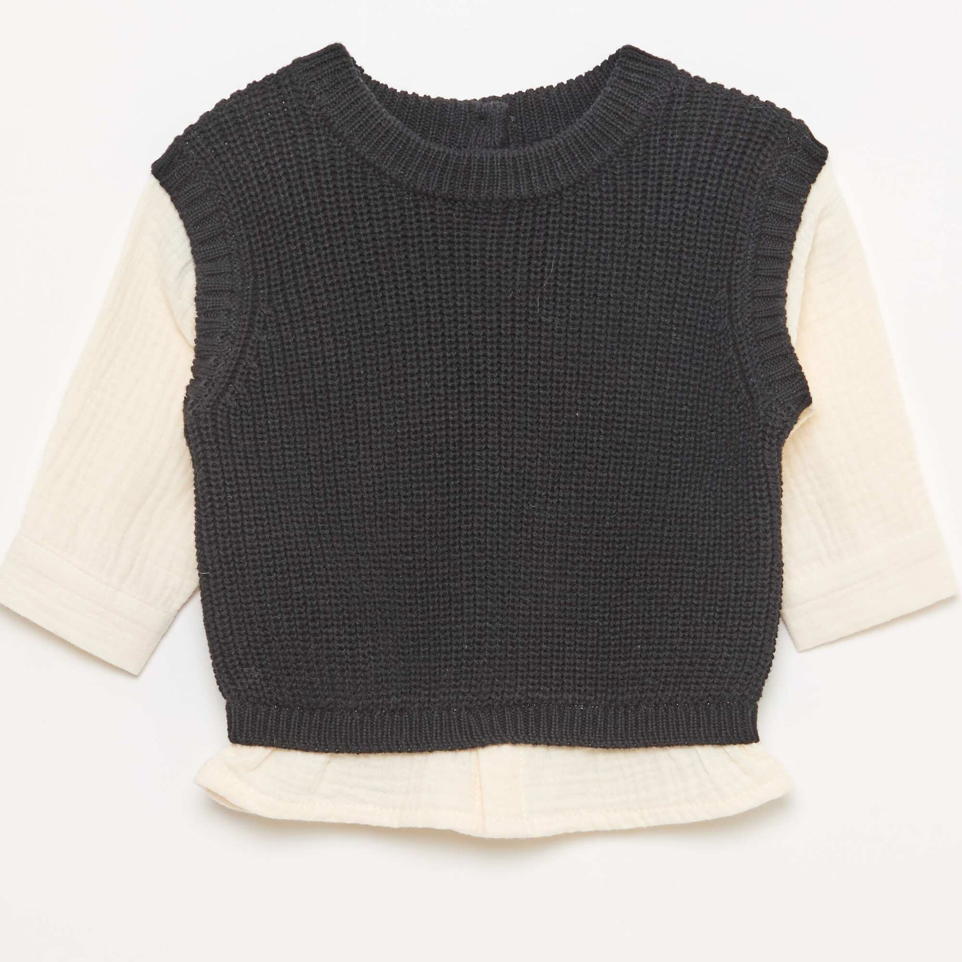 2-in-1 Knit and Double Gauze Cotton Sweater BLACK