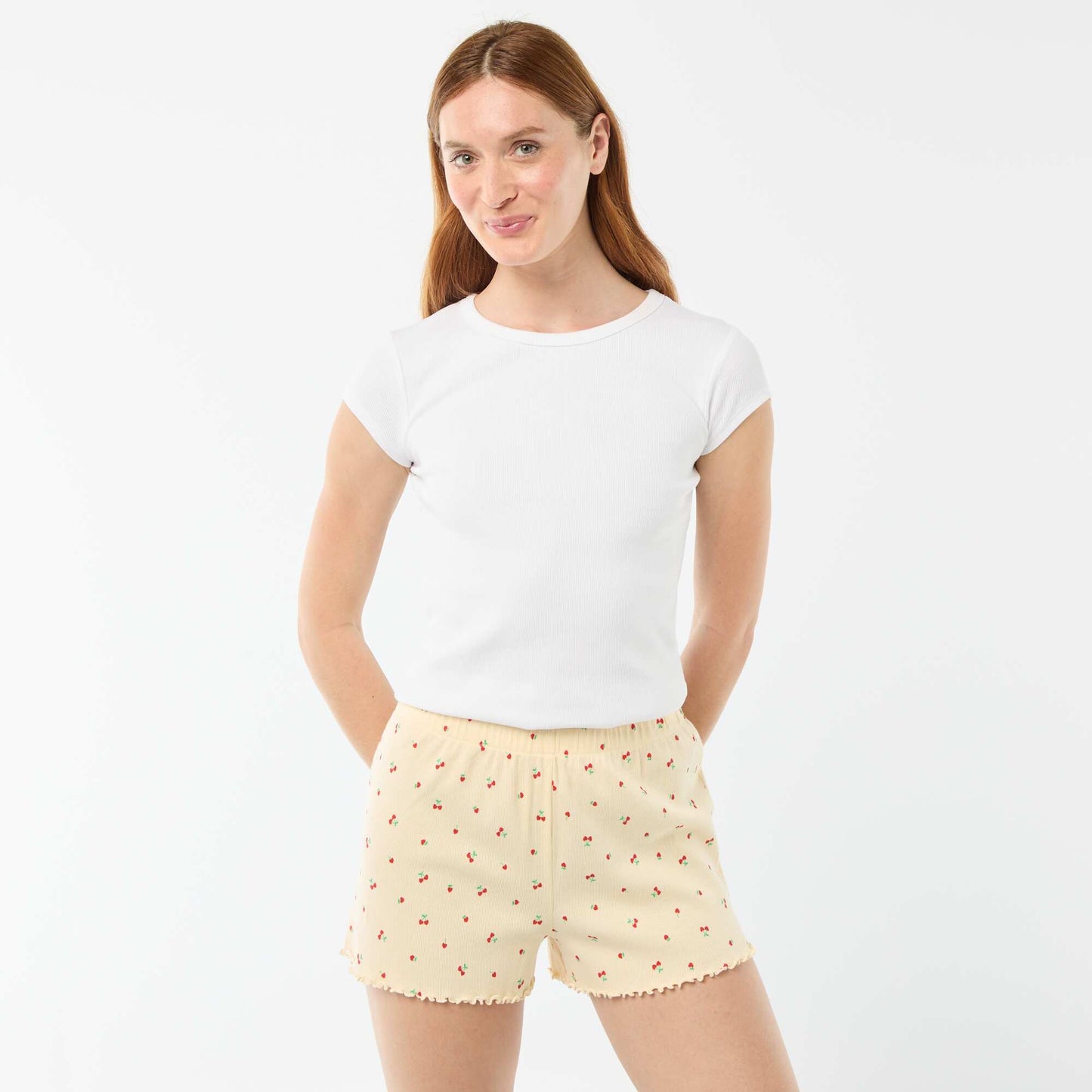 All-over 'cherry' print cotton pajama shorts YELLOW