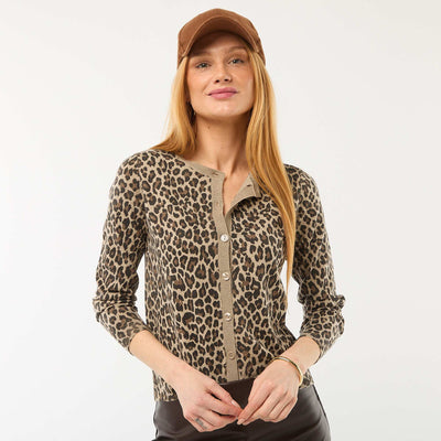 Leopard Print Crew Neck Cardigan BEIGE