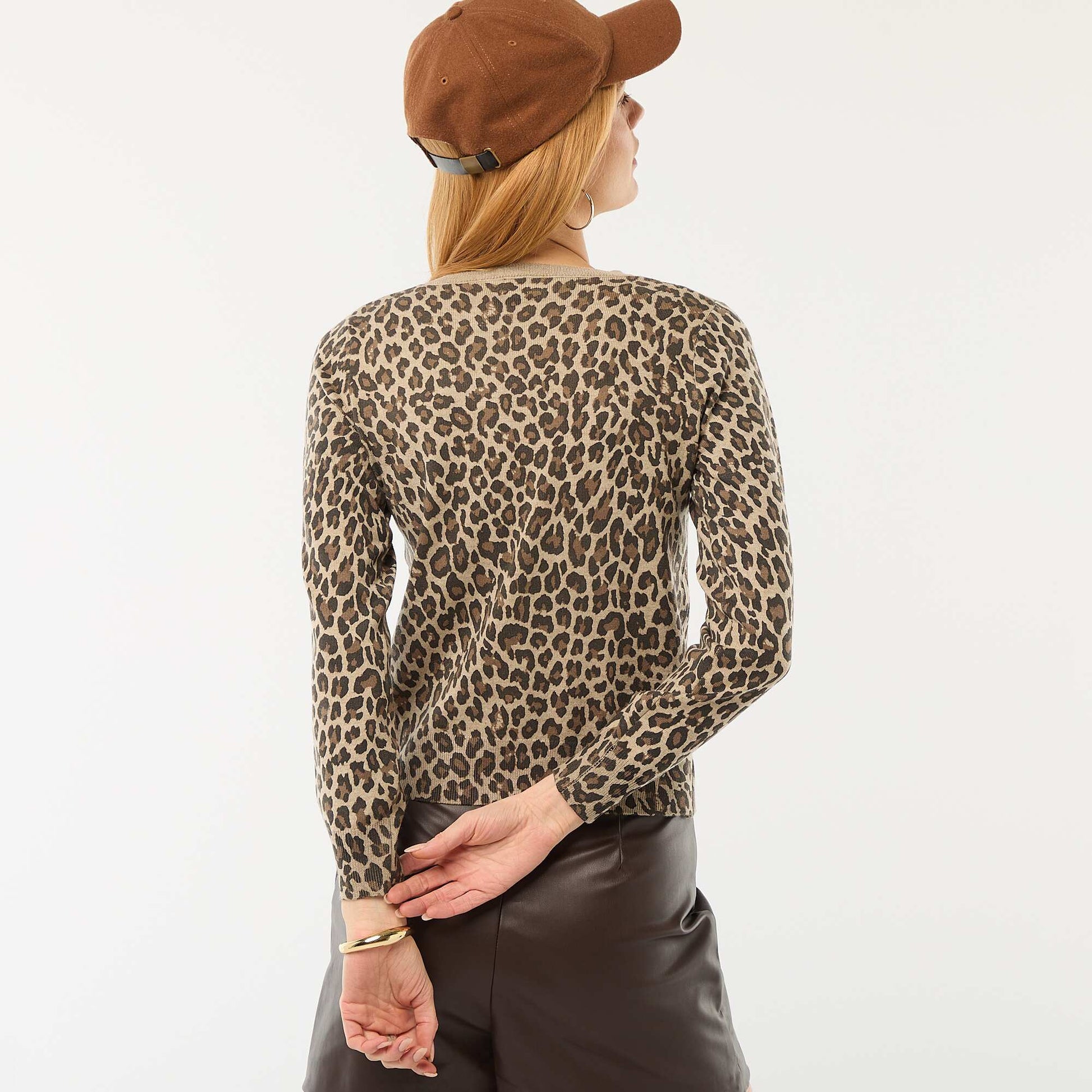 Leopard Print Crew Neck Cardigan BEIGE