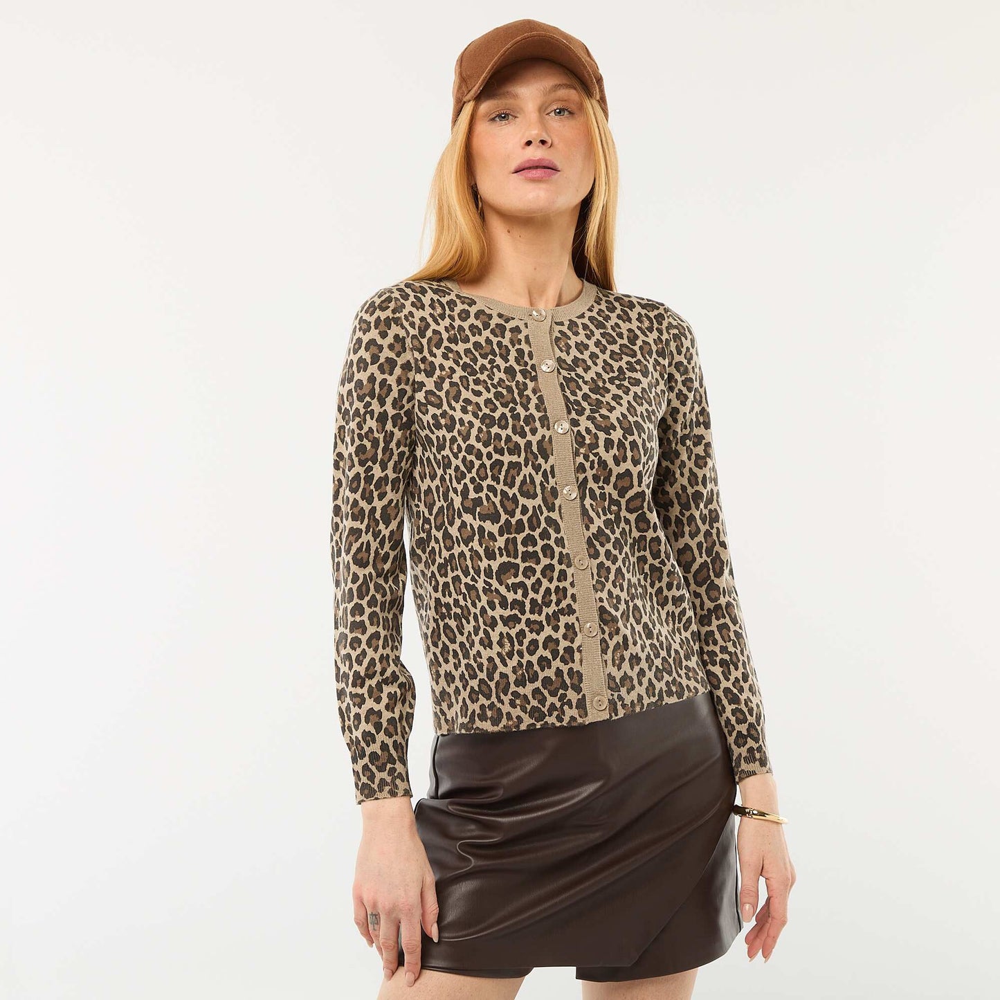 Leopard Print Crew Neck Cardigan BEIGE