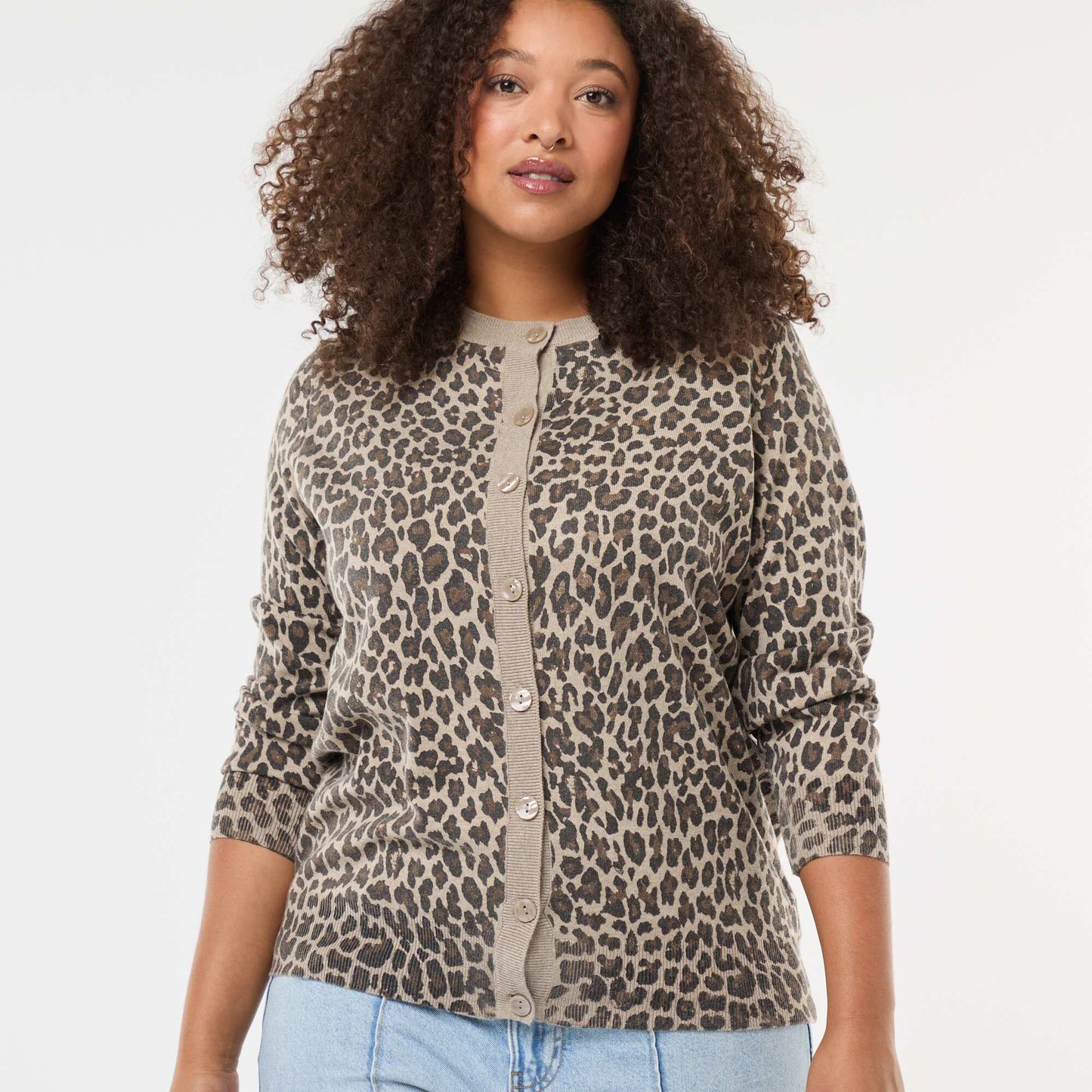 Leopard Print Fine Knit Cardigan BEIGE