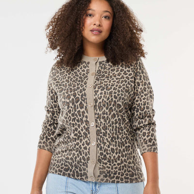 Leopard Print Fine Knit Cardigan BEIGE