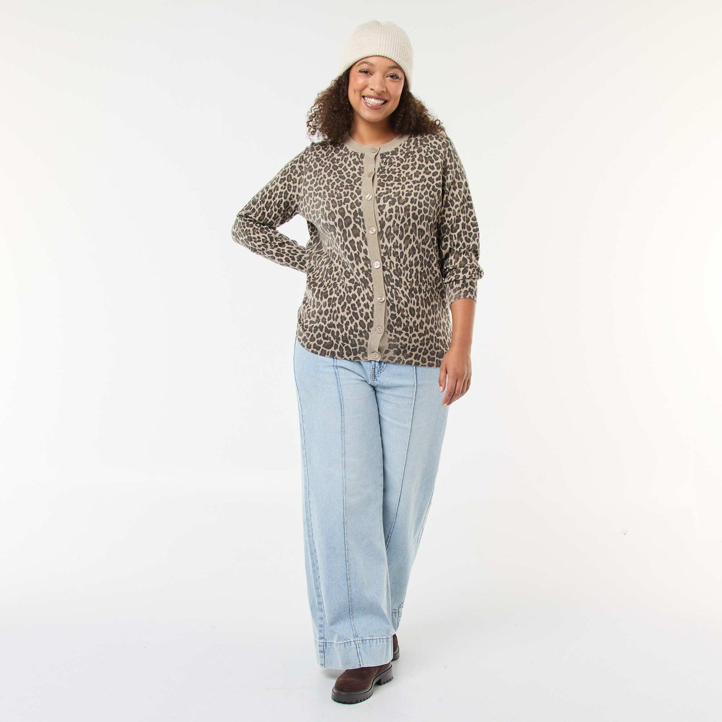 Leopard Print Fine Knit Cardigan BEIGE