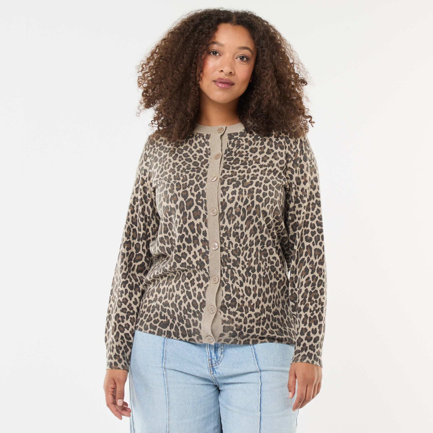 Leopard Print Fine Knit Cardigan BEIGE