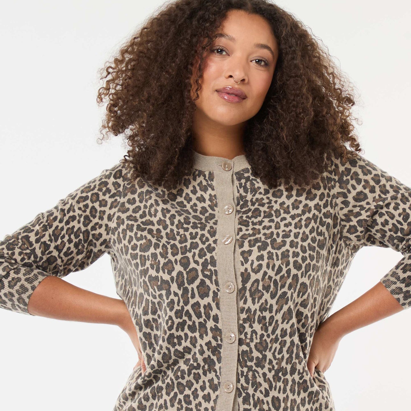 Leopard Print Fine Knit Cardigan BEIGE