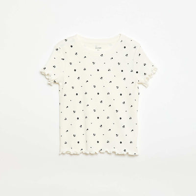 Ribbed T-shirt with Short Flutter Sleeves BEIGE