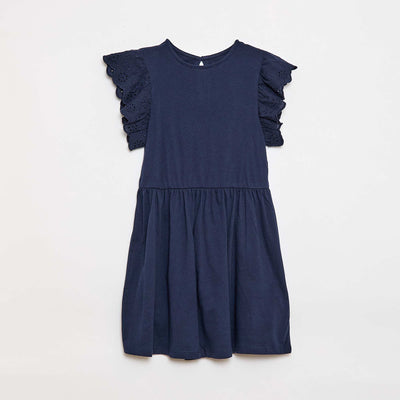Jersey dress with short eyelet embroidery sleeves BLACK