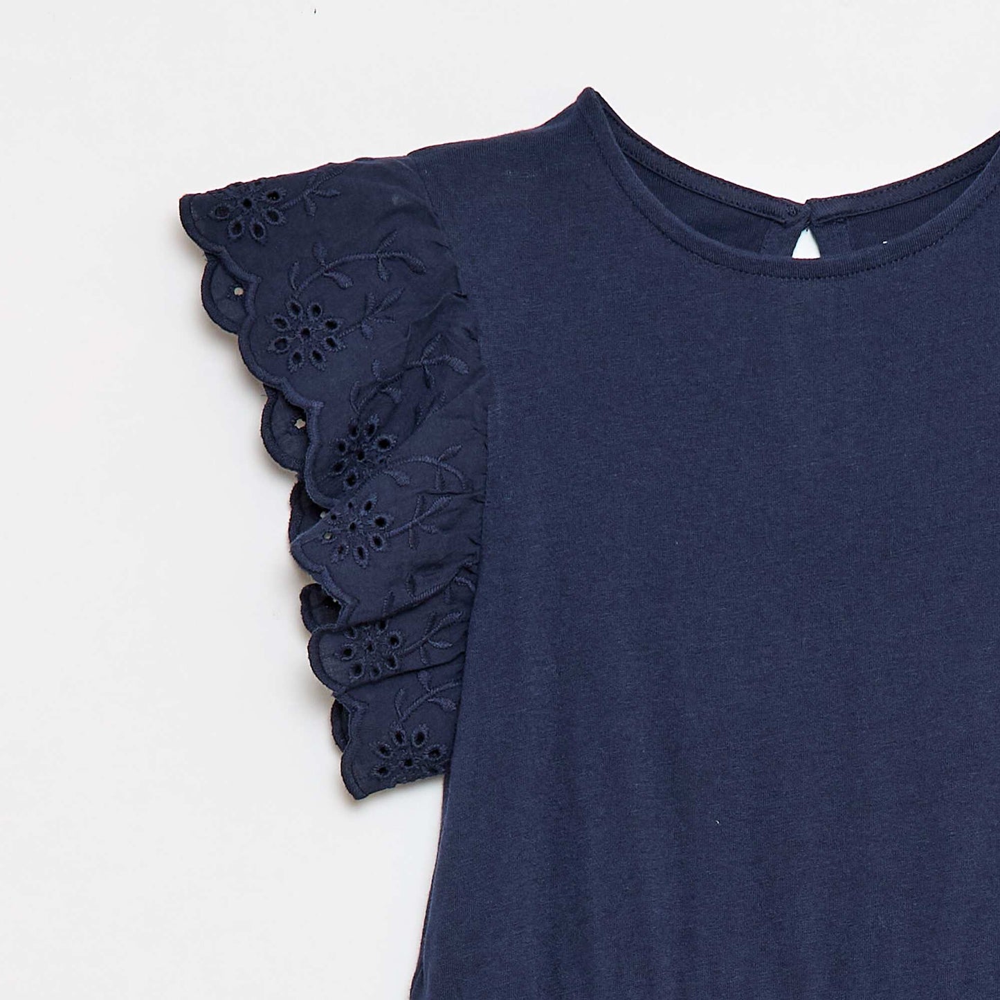 Jersey dress with short eyelet embroidery sleeves BLACK