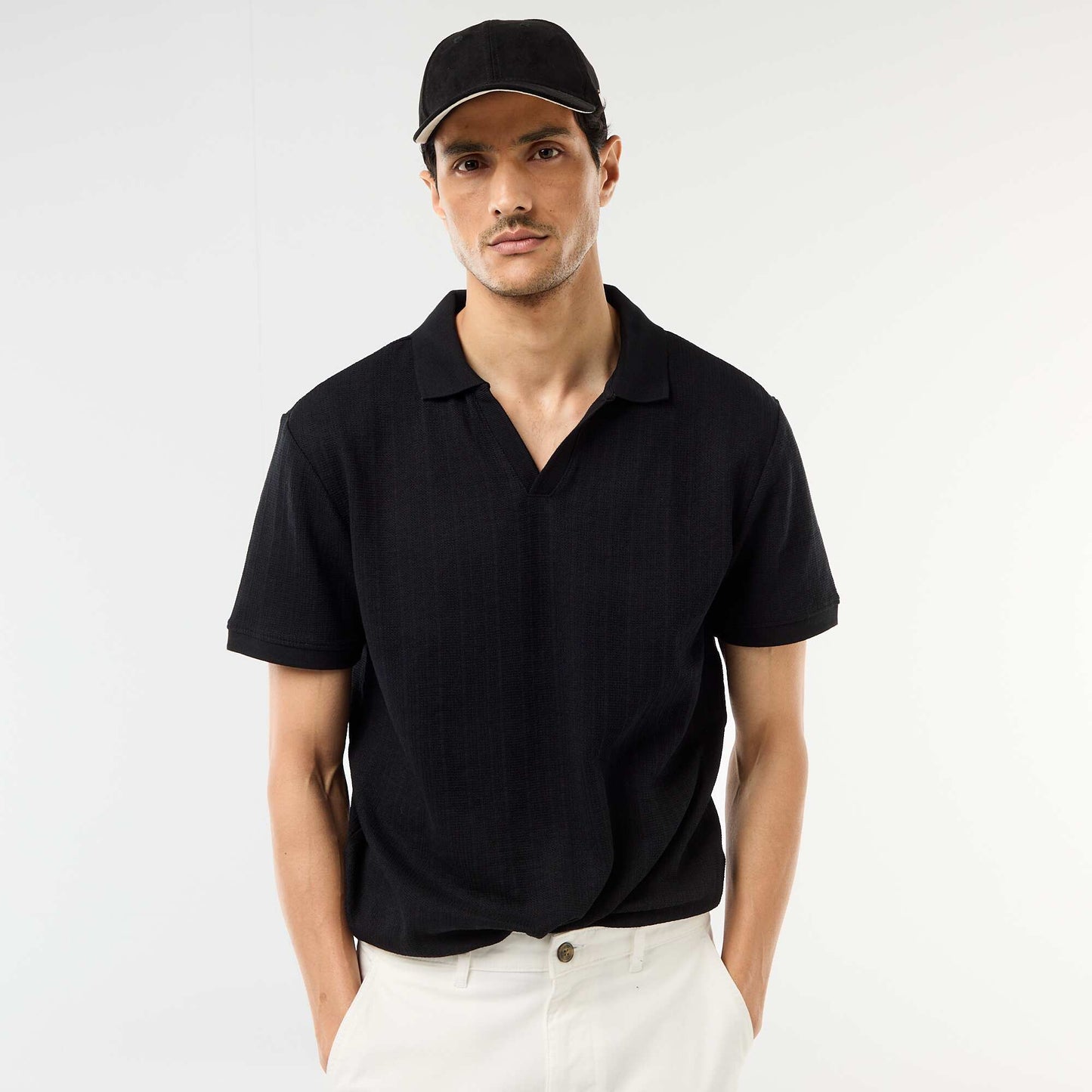 Honeycomb Knit Short-Sleeve Polo Shirt BLACK