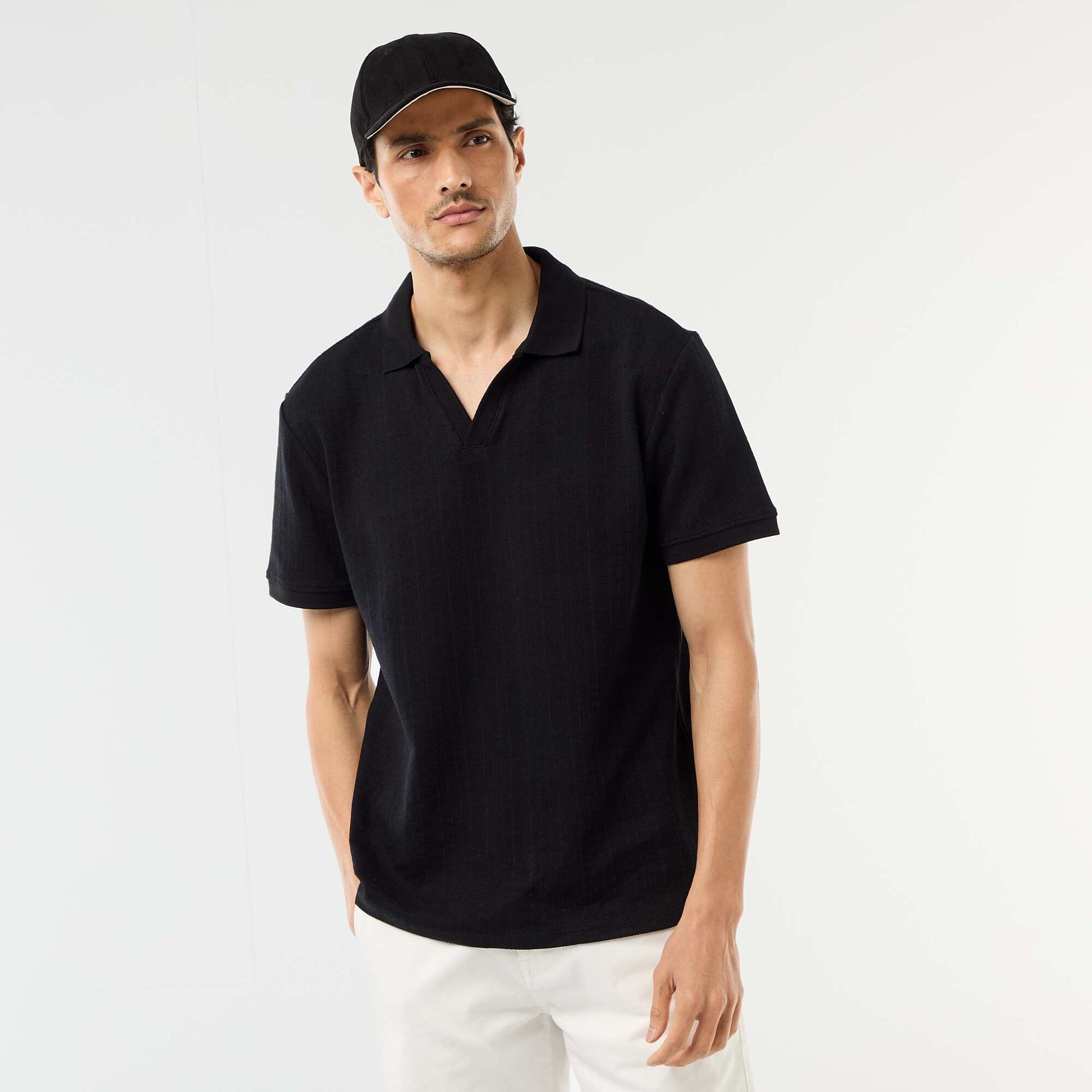 Honeycomb Knit Short-Sleeve Polo Shirt BLACK