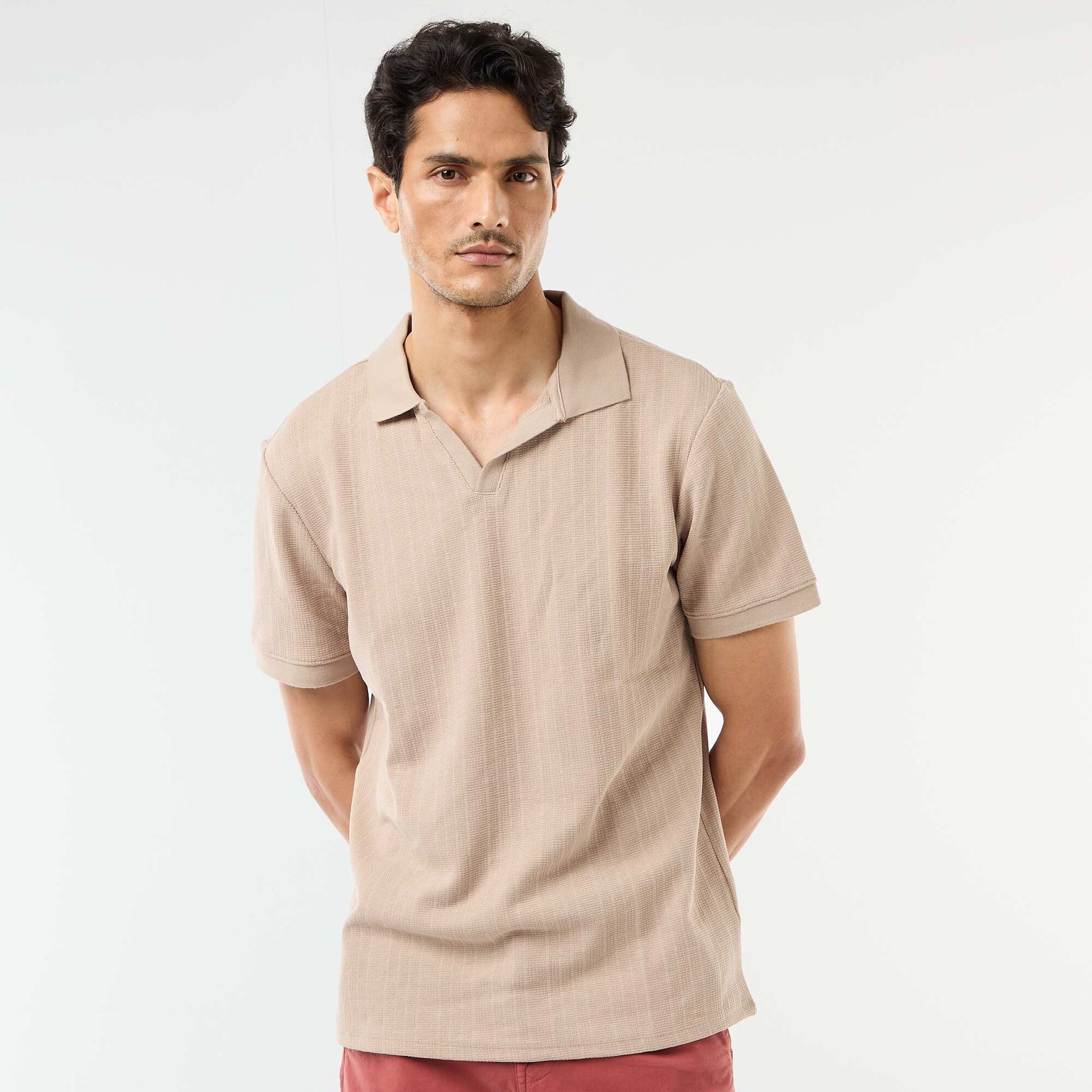 Honeycomb Knit Short-Sleeve Polo Shirt BEIGE