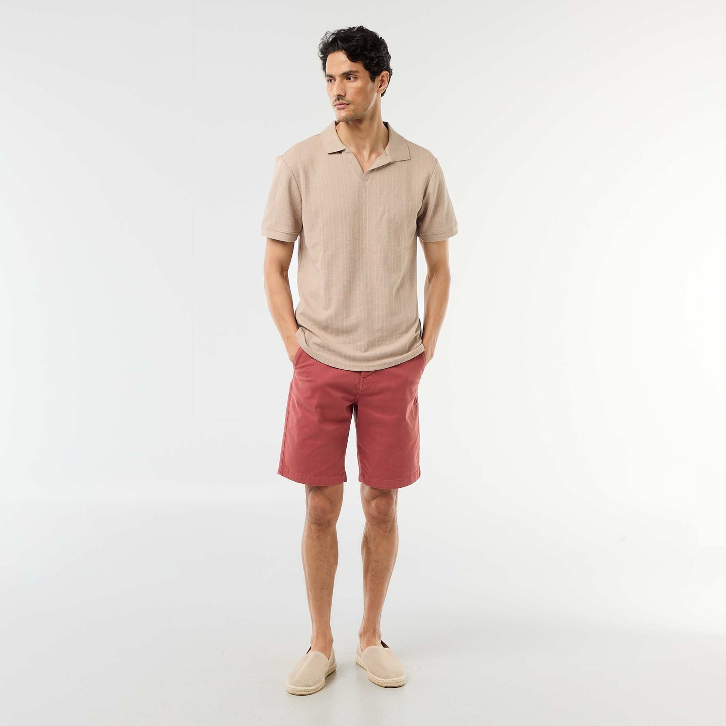 Honeycomb Knit Short-Sleeve Polo Shirt BEIGE
