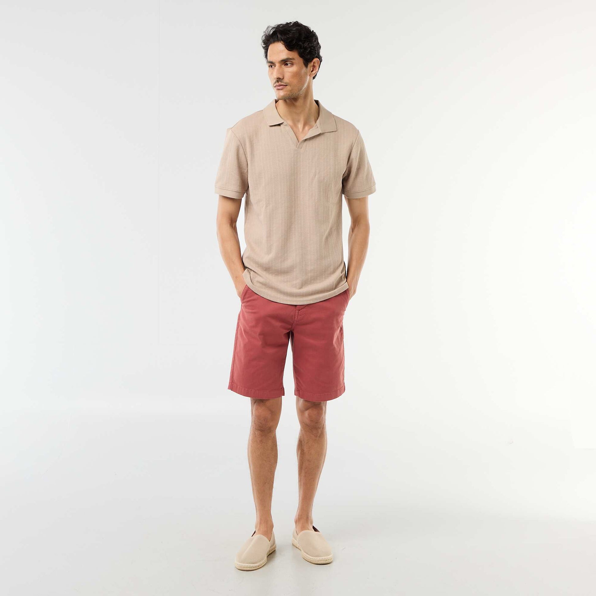 Honeycomb Knit Short-Sleeve Polo Shirt BEIGE