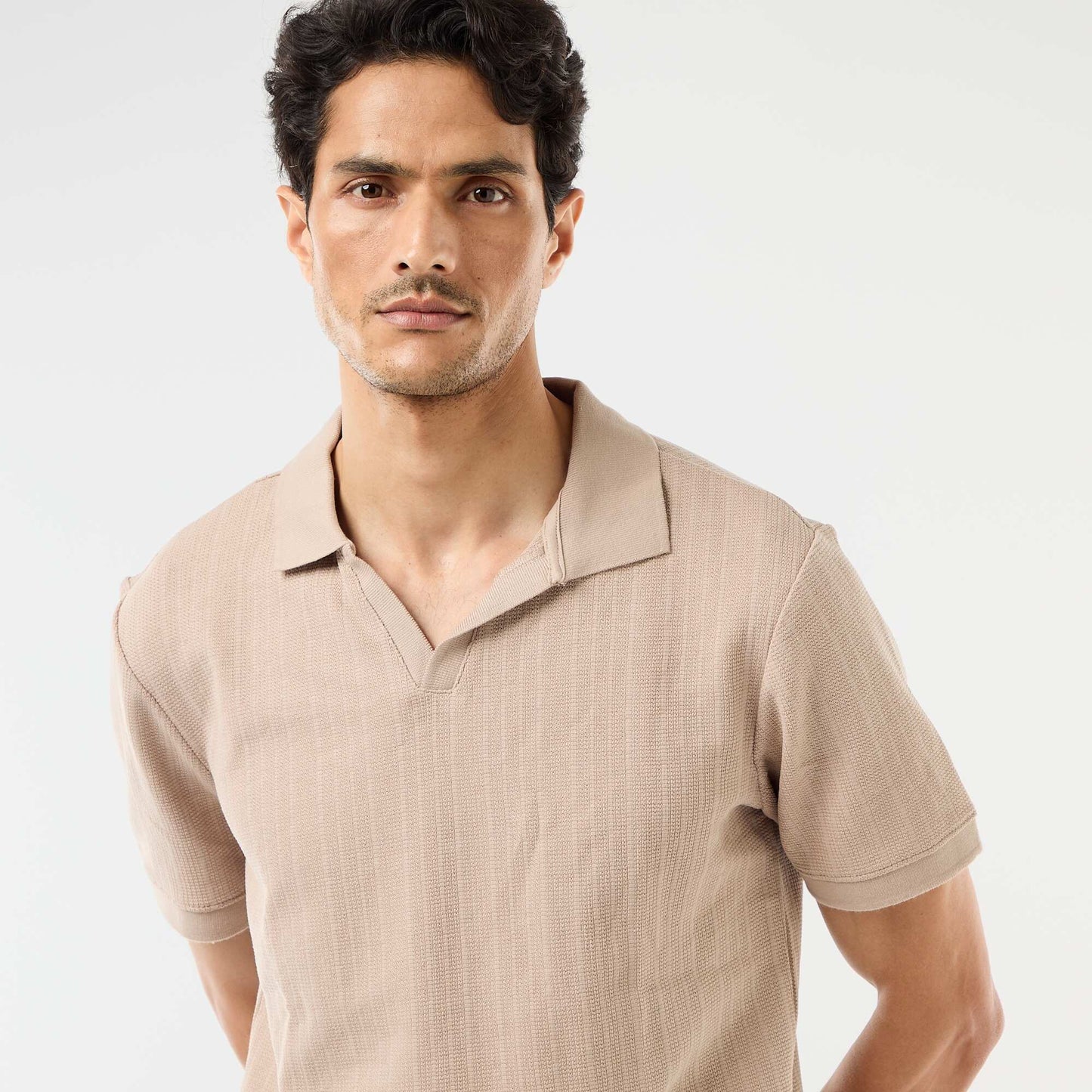 Honeycomb Knit Short-Sleeve Polo Shirt BEIGE