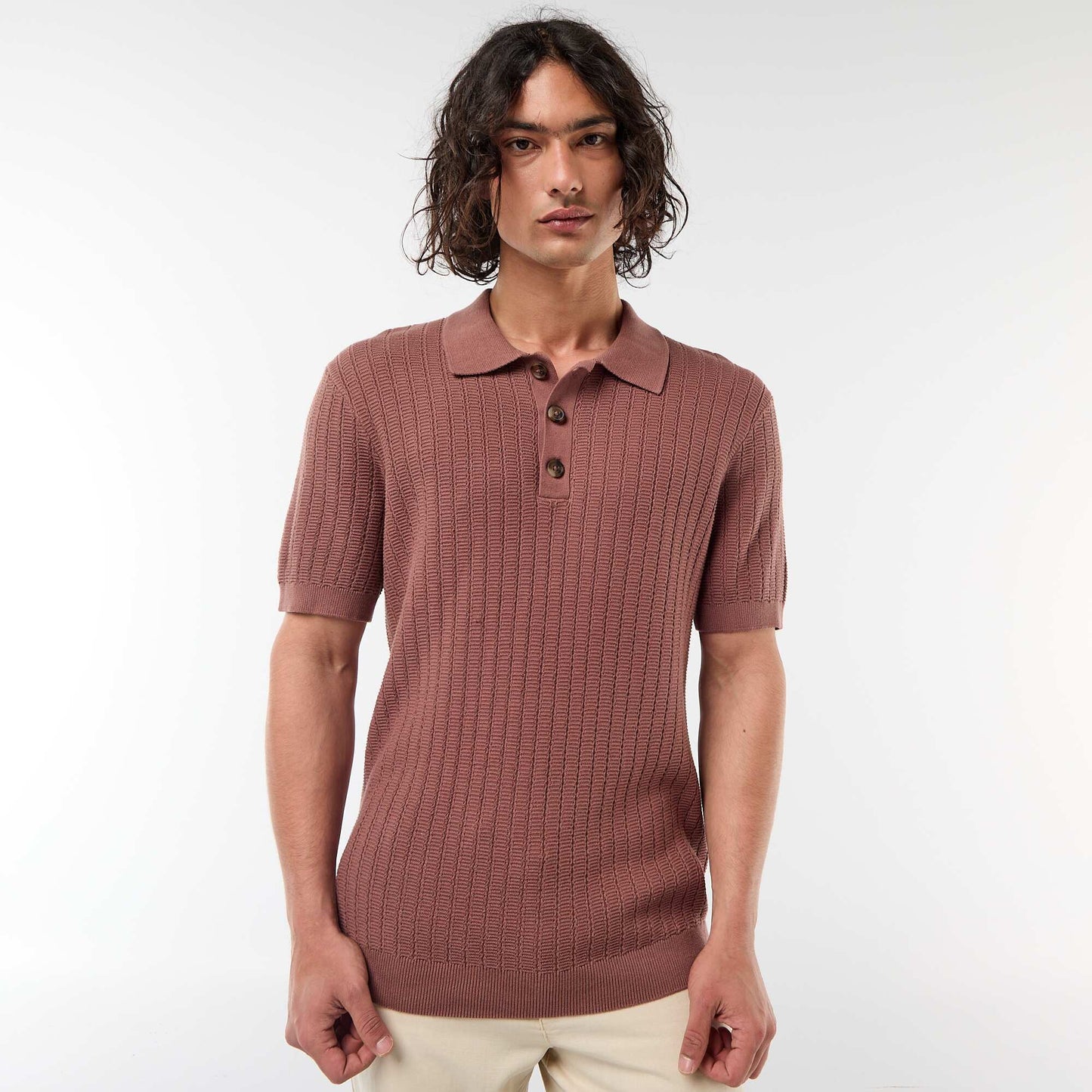 Knitted-Effect Polo Shirt BROWN