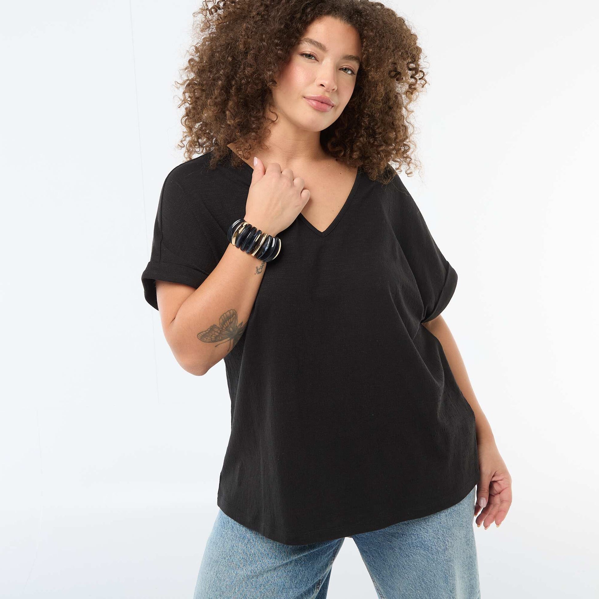 Short-Sleeve Crepe Blouse BLACK
