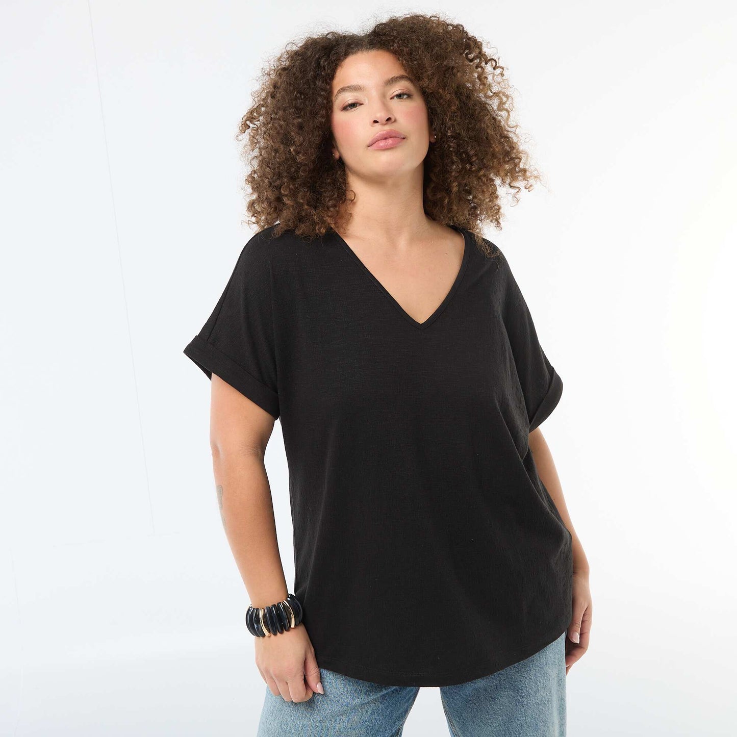 Short-Sleeve Crepe Blouse BLACK