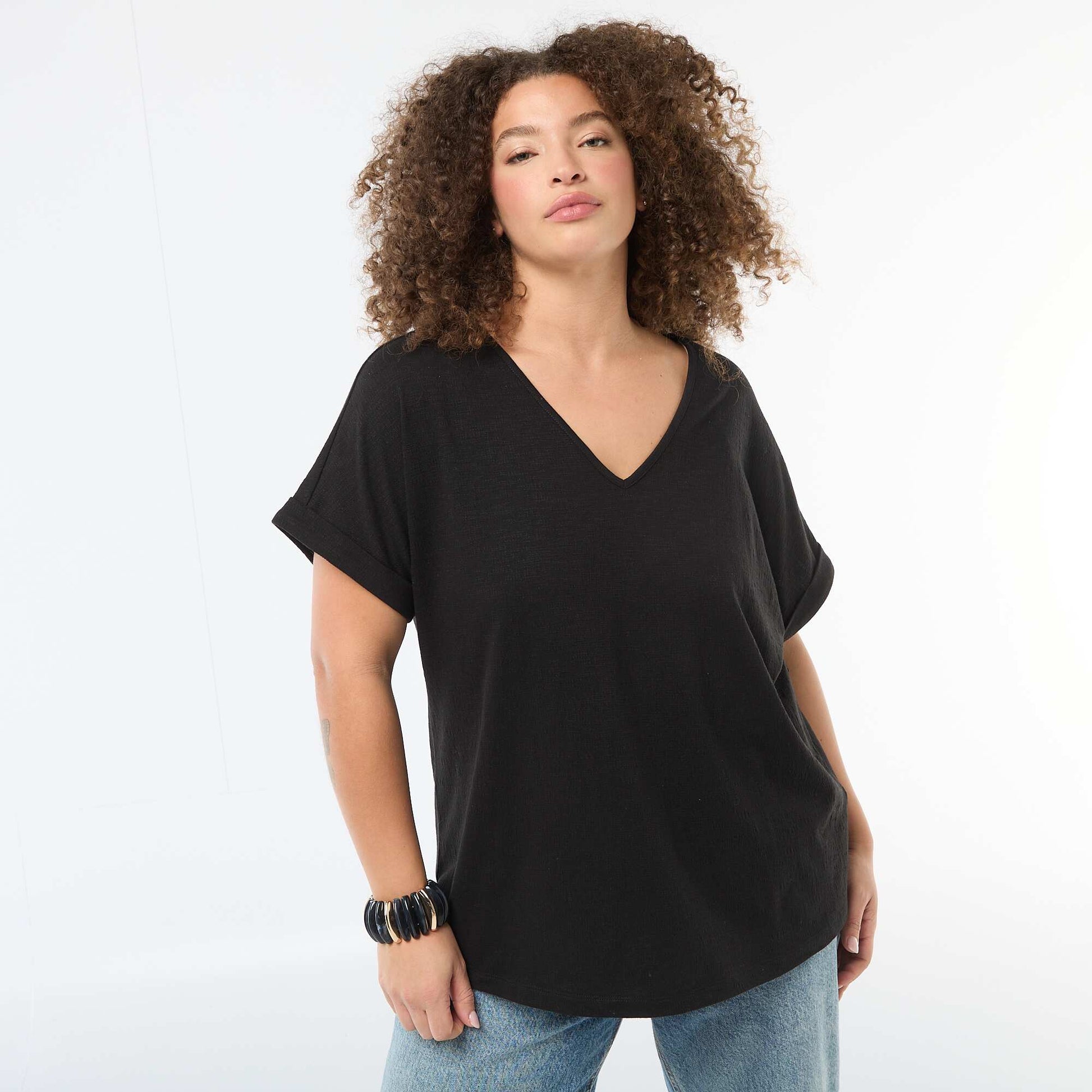 Short-Sleeve Crepe Blouse BLACK