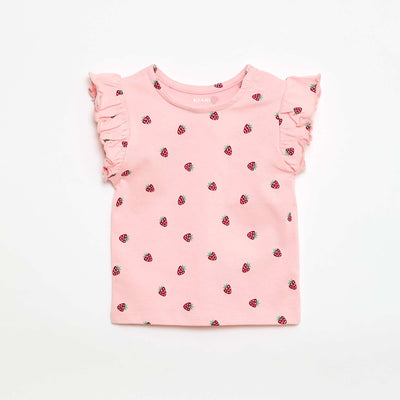 Short-Sleeve Jersey T-Shirt with Ruffled Sleeves PINK