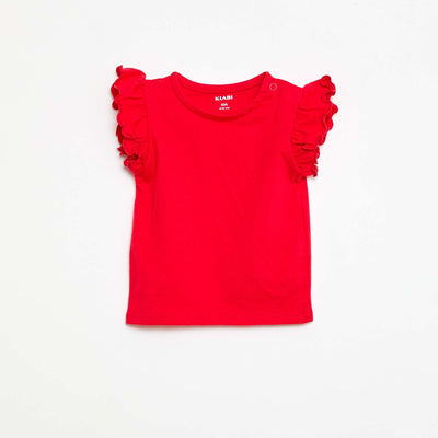 Short-Sleeve Jersey T-Shirt with Ruffled Sleeves RED