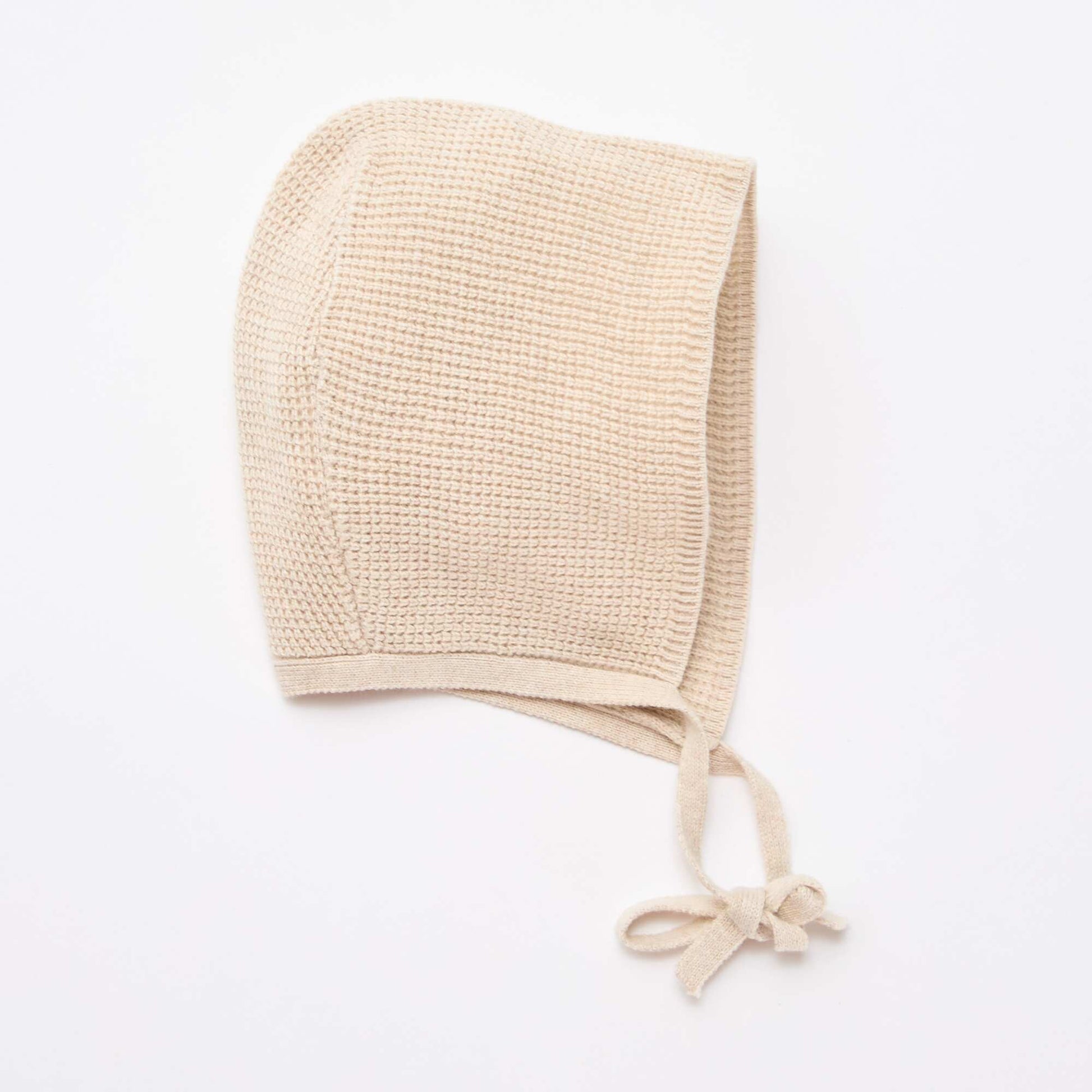 Knit Bonnet with Ties BEIGE