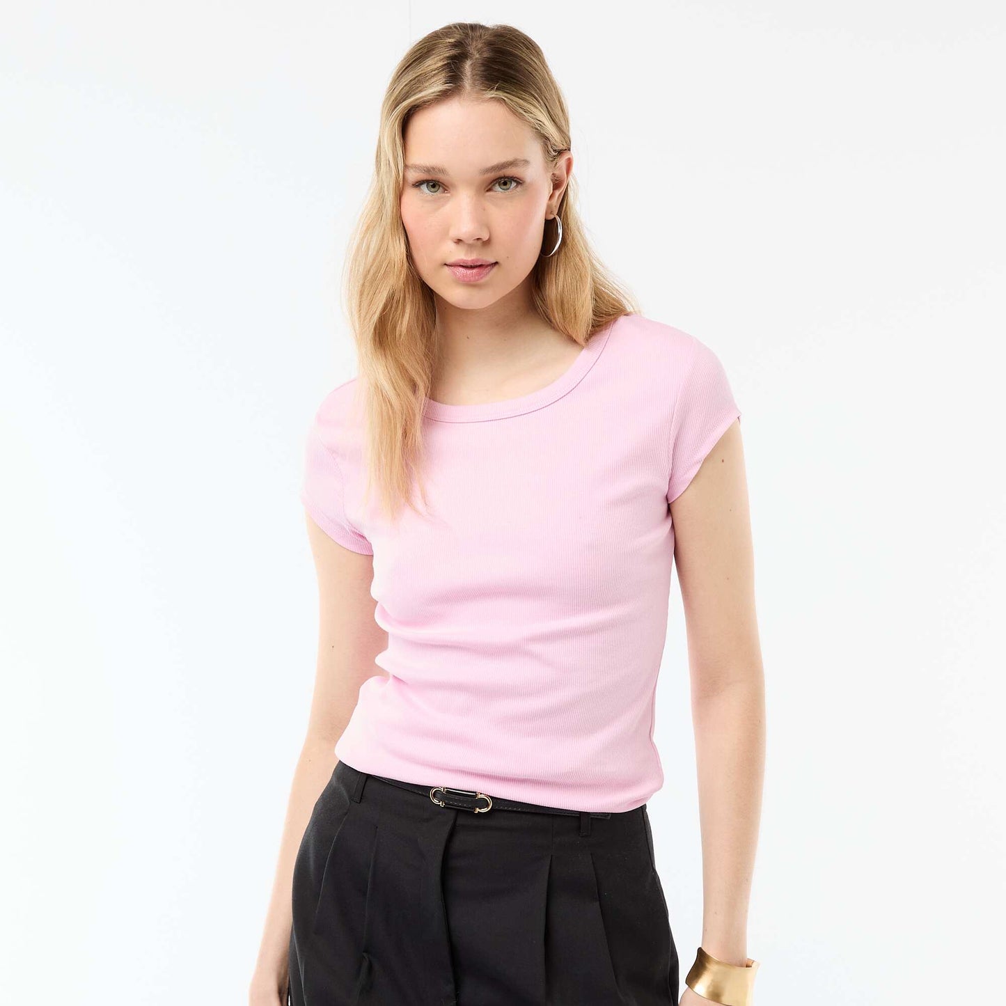 Ribbed Short-Sleeve Jersey T-Shirt PINK