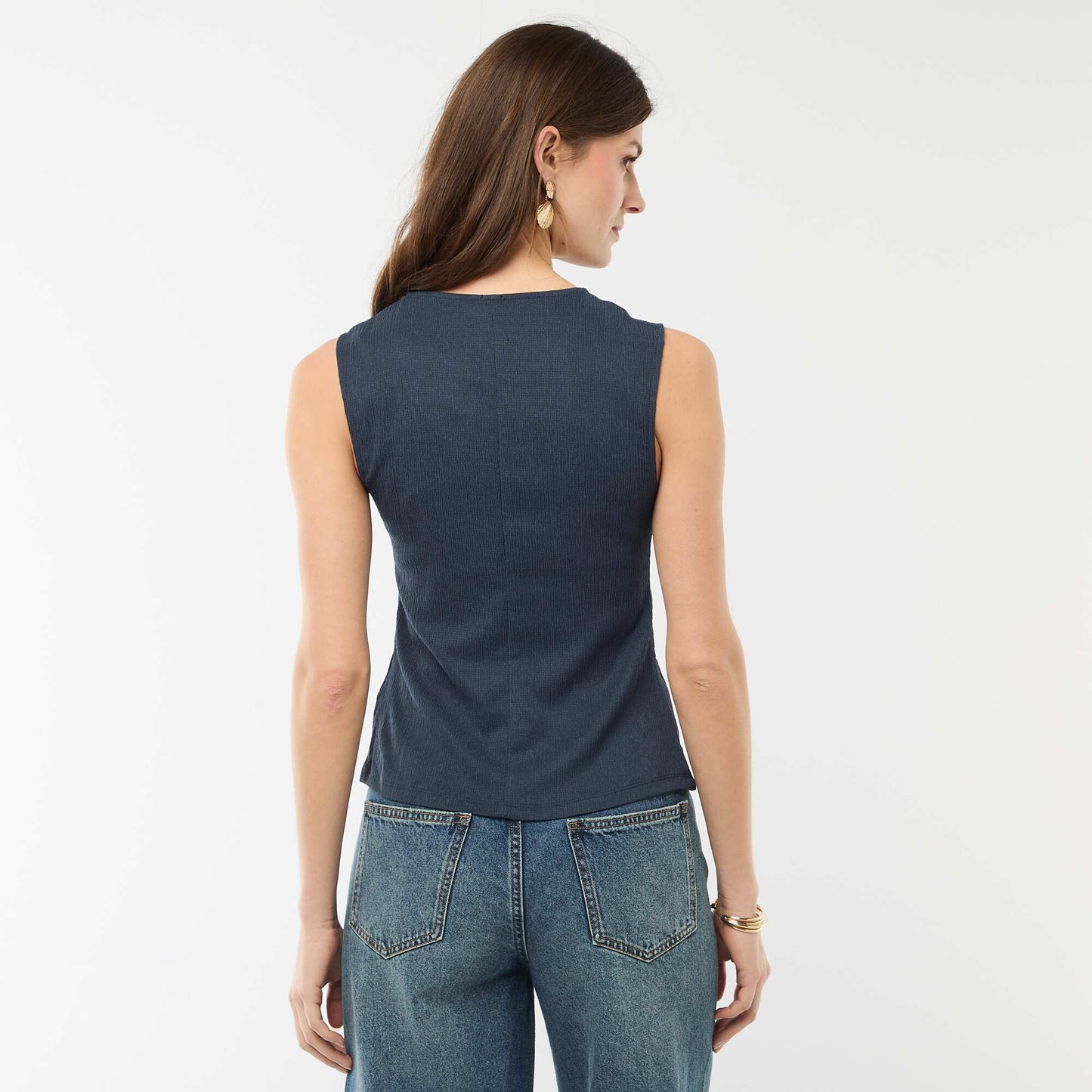 Sleeveless Top with Hammered Gold Button Opening BLUE
