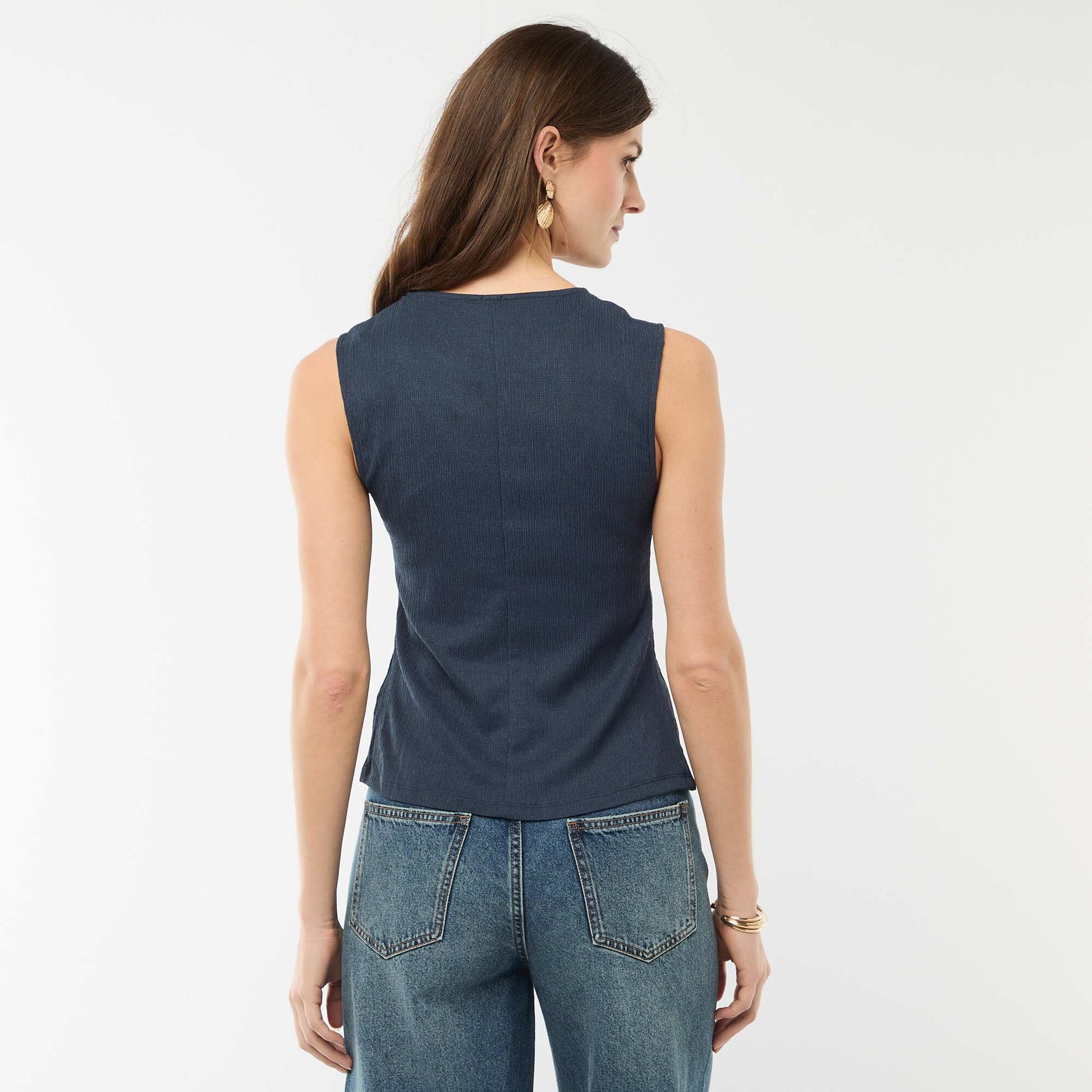 Sleeveless Top with Hammered Gold Button Opening BLUE