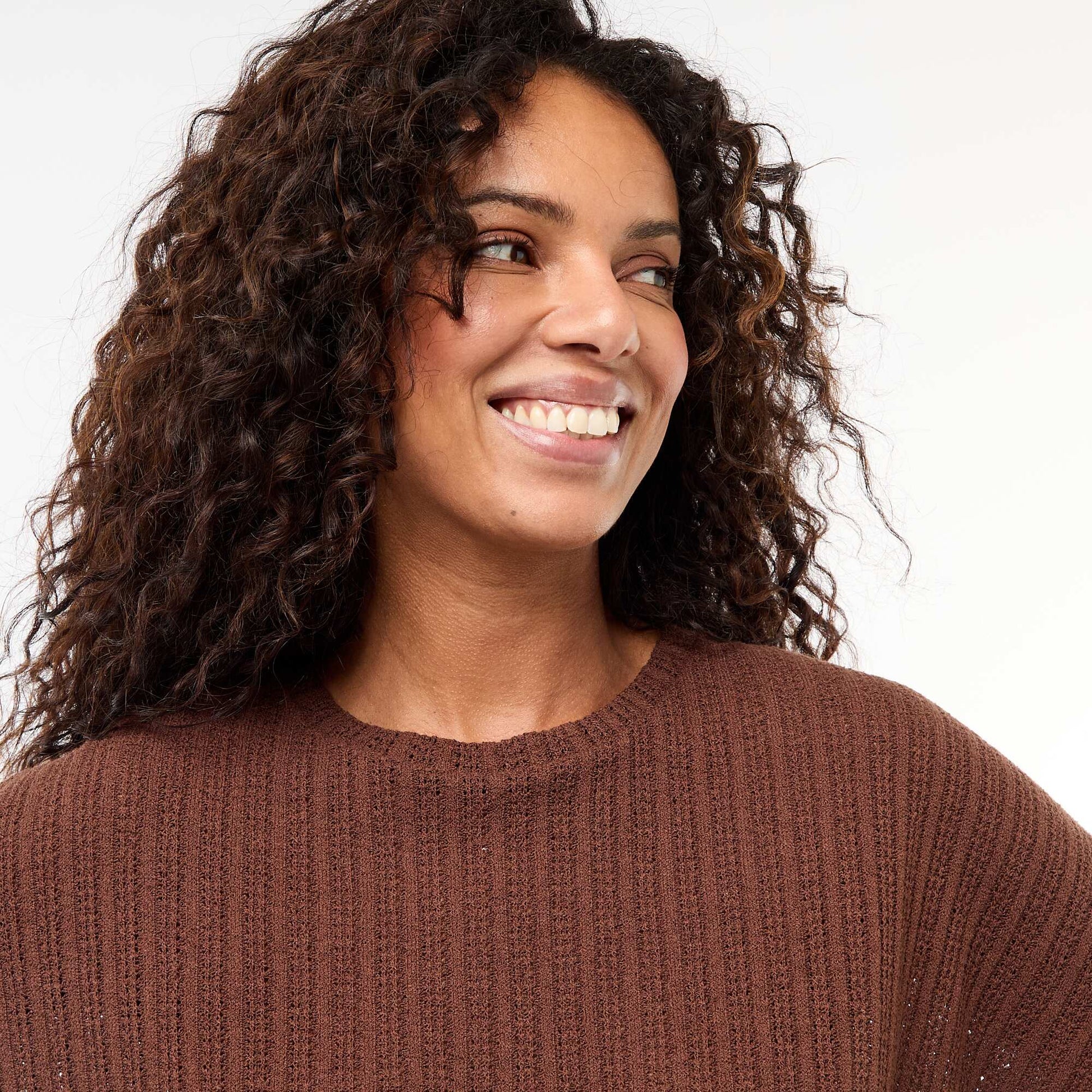 Open-Knit Short-Sleeve Sweater BROWN