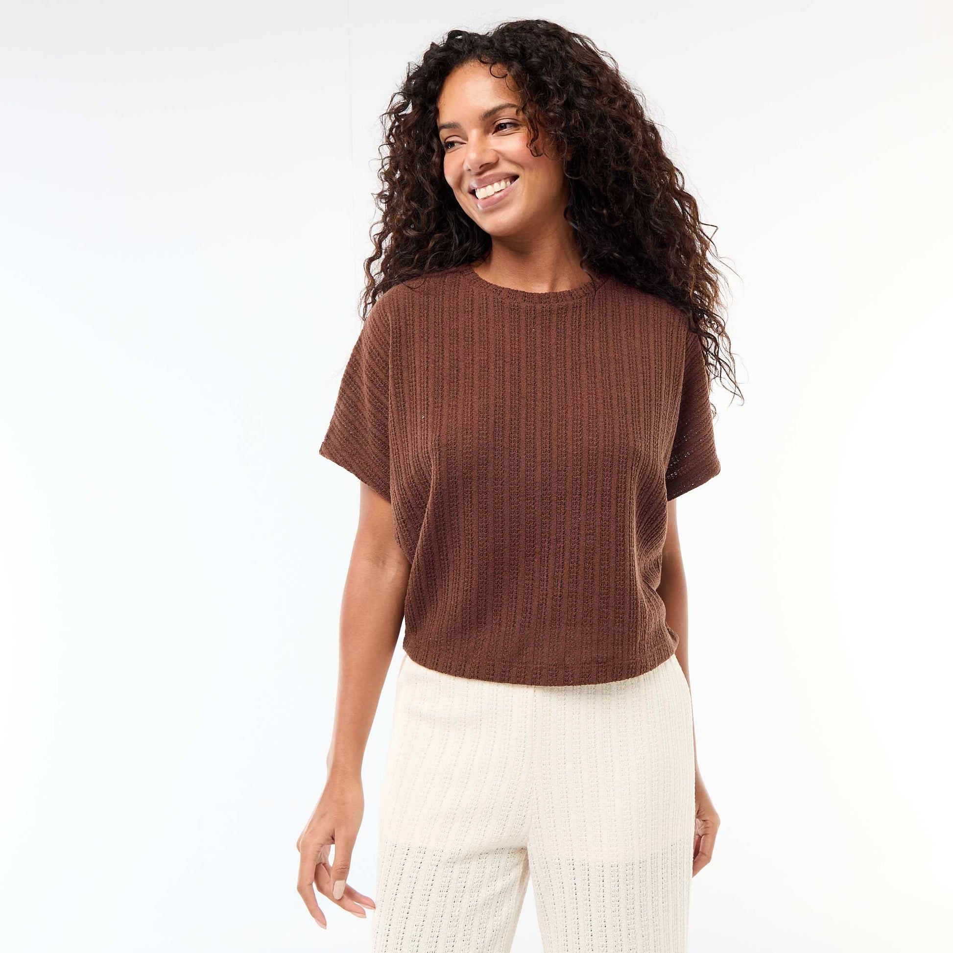 Open-Knit Short-Sleeve Sweater BROWN