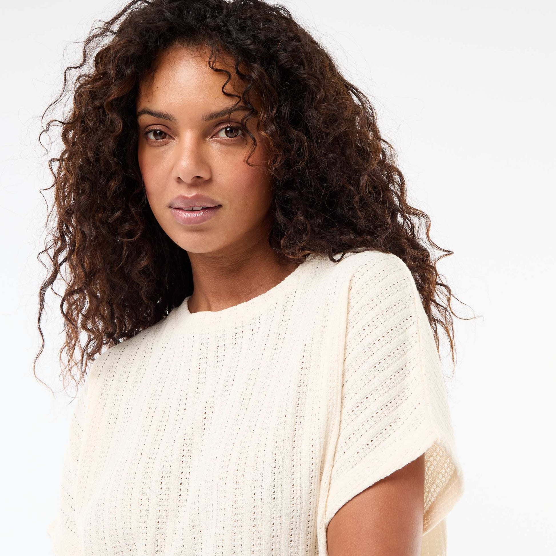 Open-Knit Short-Sleeve Sweater WHITE