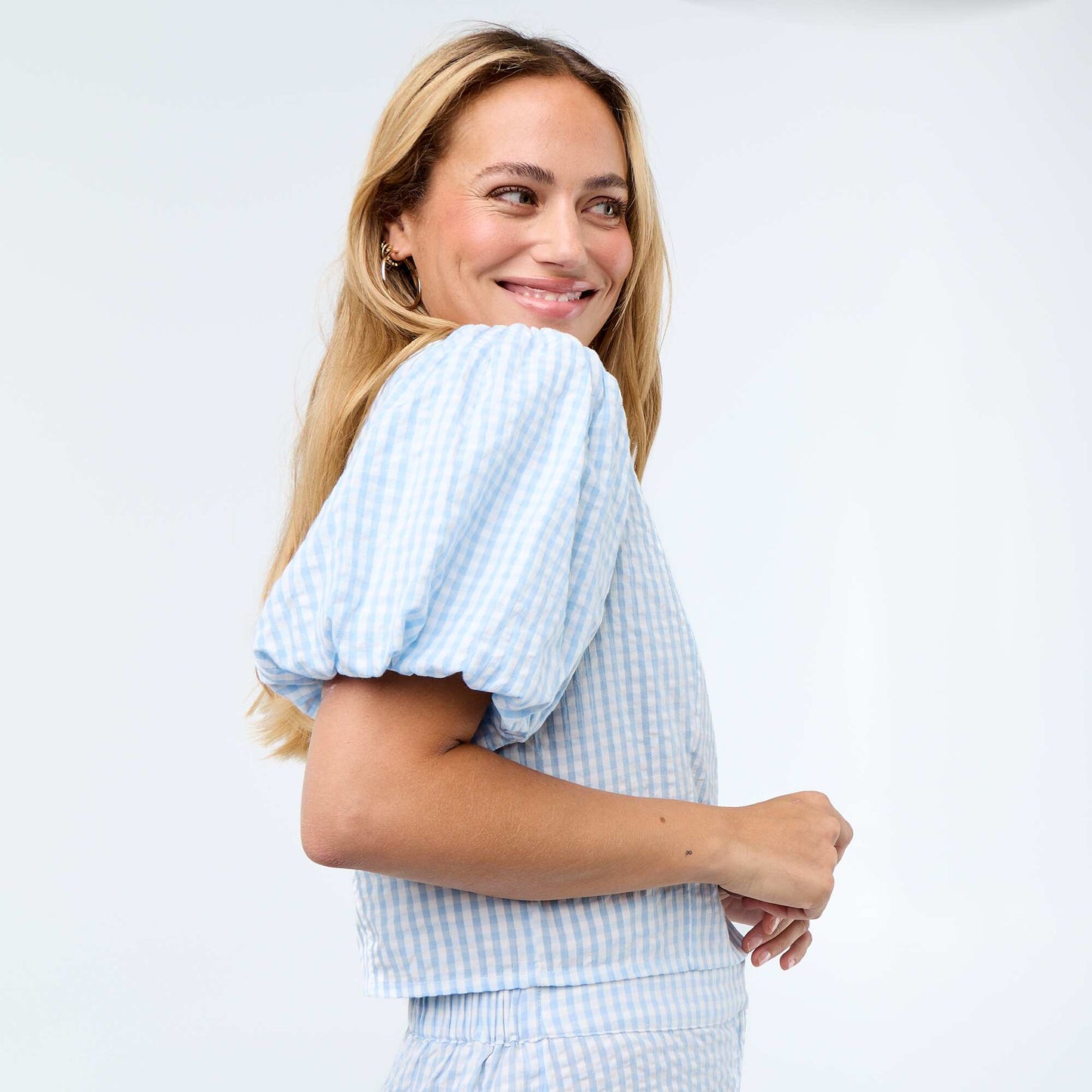 Waffle Knit Cropped Blouse BLUE